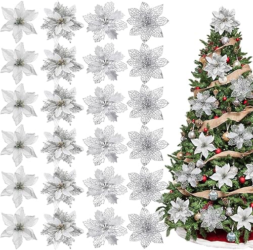 Whaline 24 flores de Pascua de Navidad con 24 clips, 4 diseños de flores artificiales plateadas con purpurina, suministros de fiesta de invierno