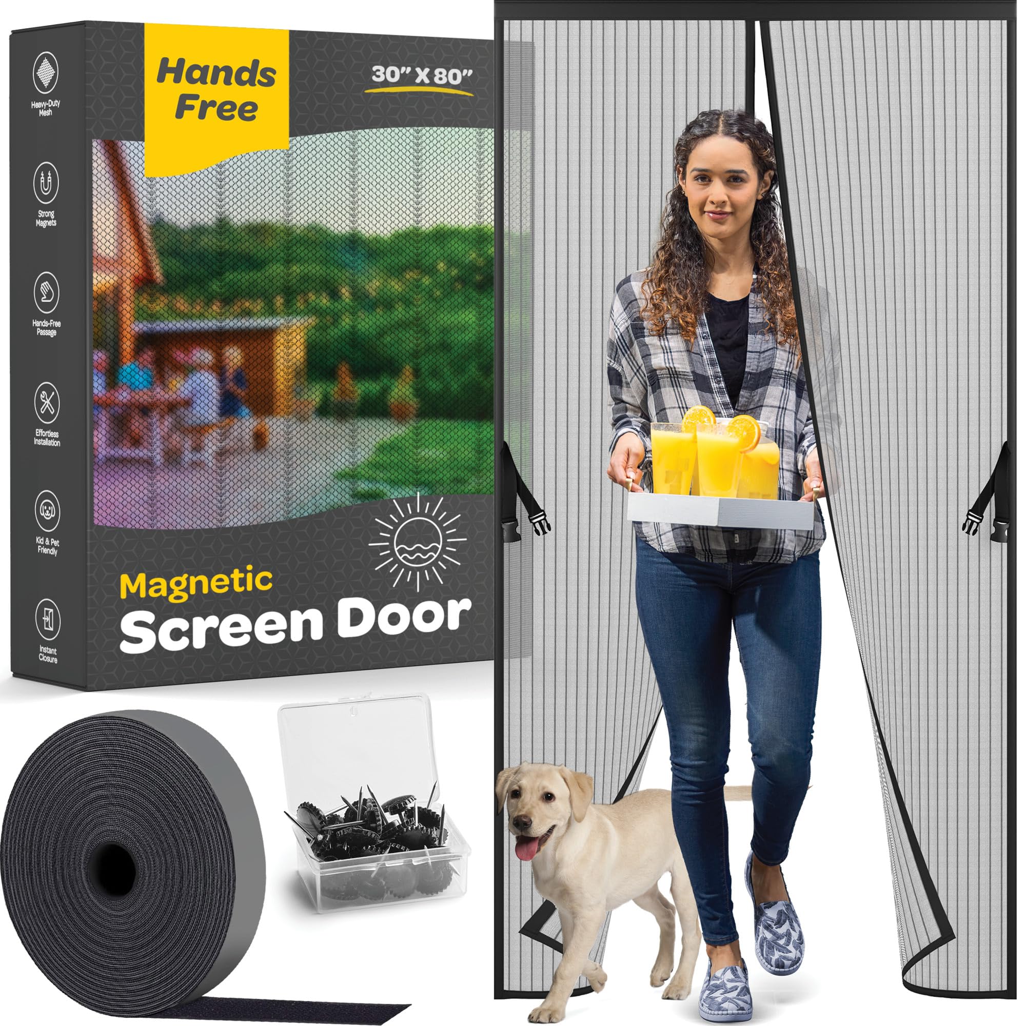 Hands-Free Magnetic Screen Door, Heavy Duty, Self Sealing Screen Door Mesh Protector, Pet and Kid-Friendly, Stay-Open Buckle, Keeps Bugs Out While Letting Nature in, Fits Door Size (30" x 80")