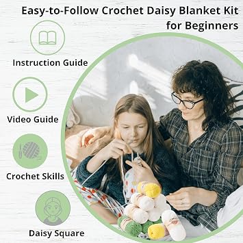 CSWCS Crochet Blanket Kit for Beginners, Daisy Granny Square Throw Kit for Adults, Easy Learn How to Knitting with Yarn & Hook, Complete Starter Set with Step-by-Step Instructions (39 x 31)