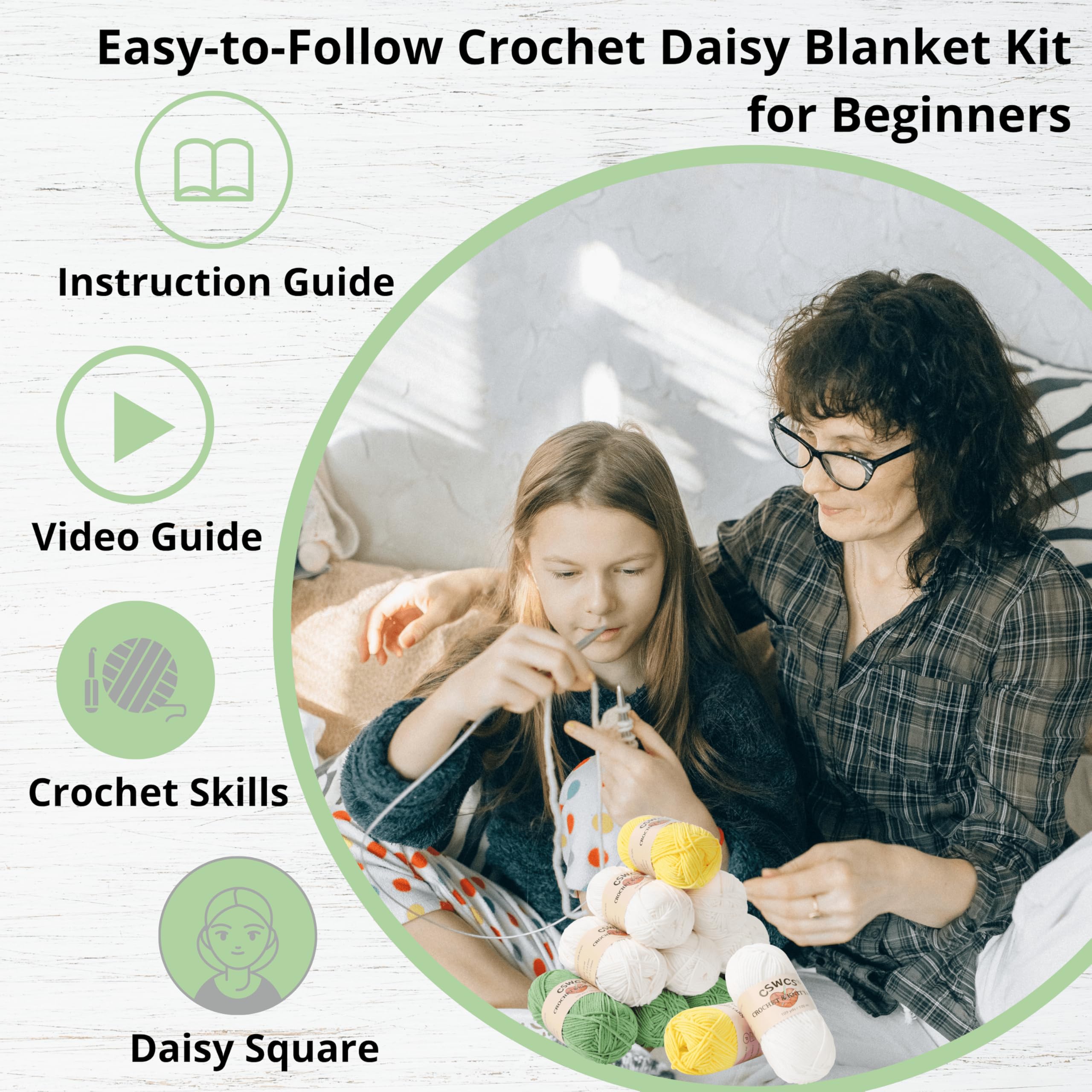 CSWCS Häkeldecken-Set für Anfänger, quadratisches Überwurf-Set für Erwachsene, einfaches Stricken mit Garn und Haken, komplettes Starter-Set mit Schritt-für-Schritt-Anleitung (119,4 x 99,1 cm)