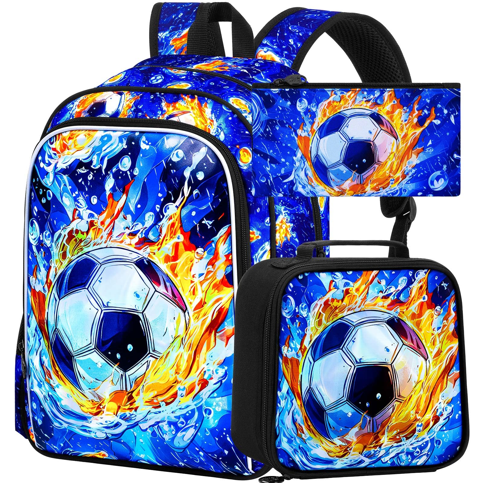 3Pcs Soccer Backpack for Boys, 17" Kids School Bookbag with Lunch Box, Football Backpacks Set for Elementary Preschool Kindergarten(Black)