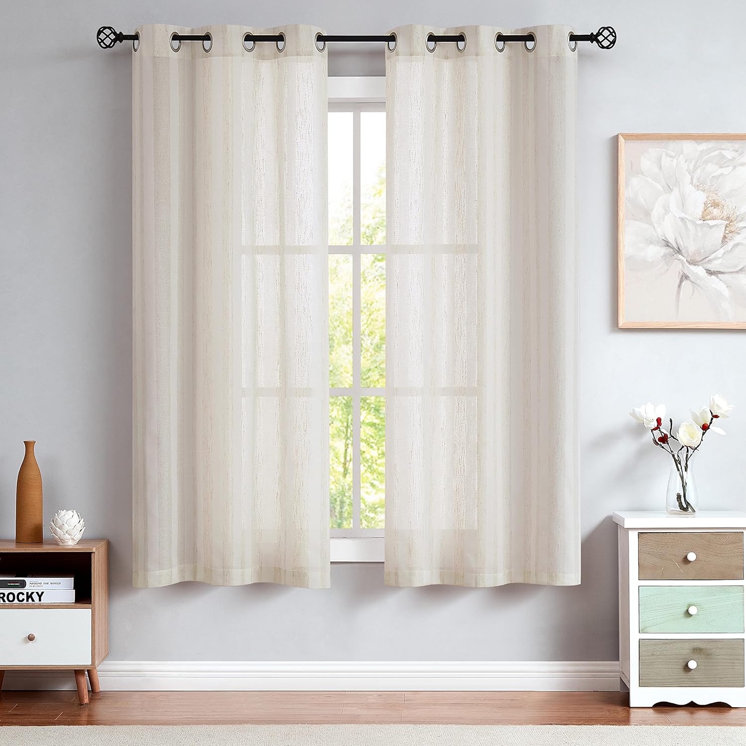 Randall Leaf Print Sheer Window Curtains 84 Inches Long Botanical Floral Pattern Slub Linen Texture Drapes for Living Room/Bedroom/Farmhouse Voile Grommet Window Treatment, 52" W, 2 Panels, Aqua/Gray