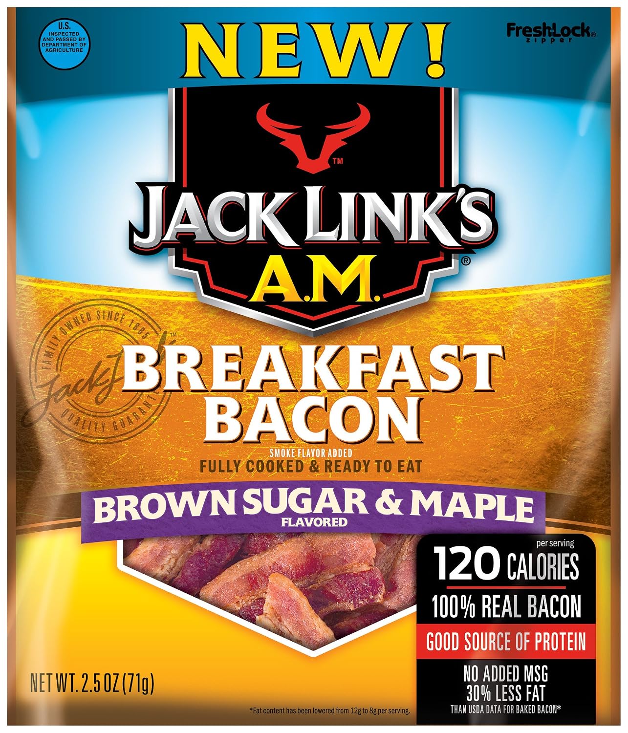 Jack Links A.M. Breakfast Bacon, Brown Sugar & Maple, 2.5 oz. Bag – Flavorful Ready to Eat Meat Snack with 11g of Protein, Made with 100% Real Bacon – No Added MSG or Nitrates/Nitrites