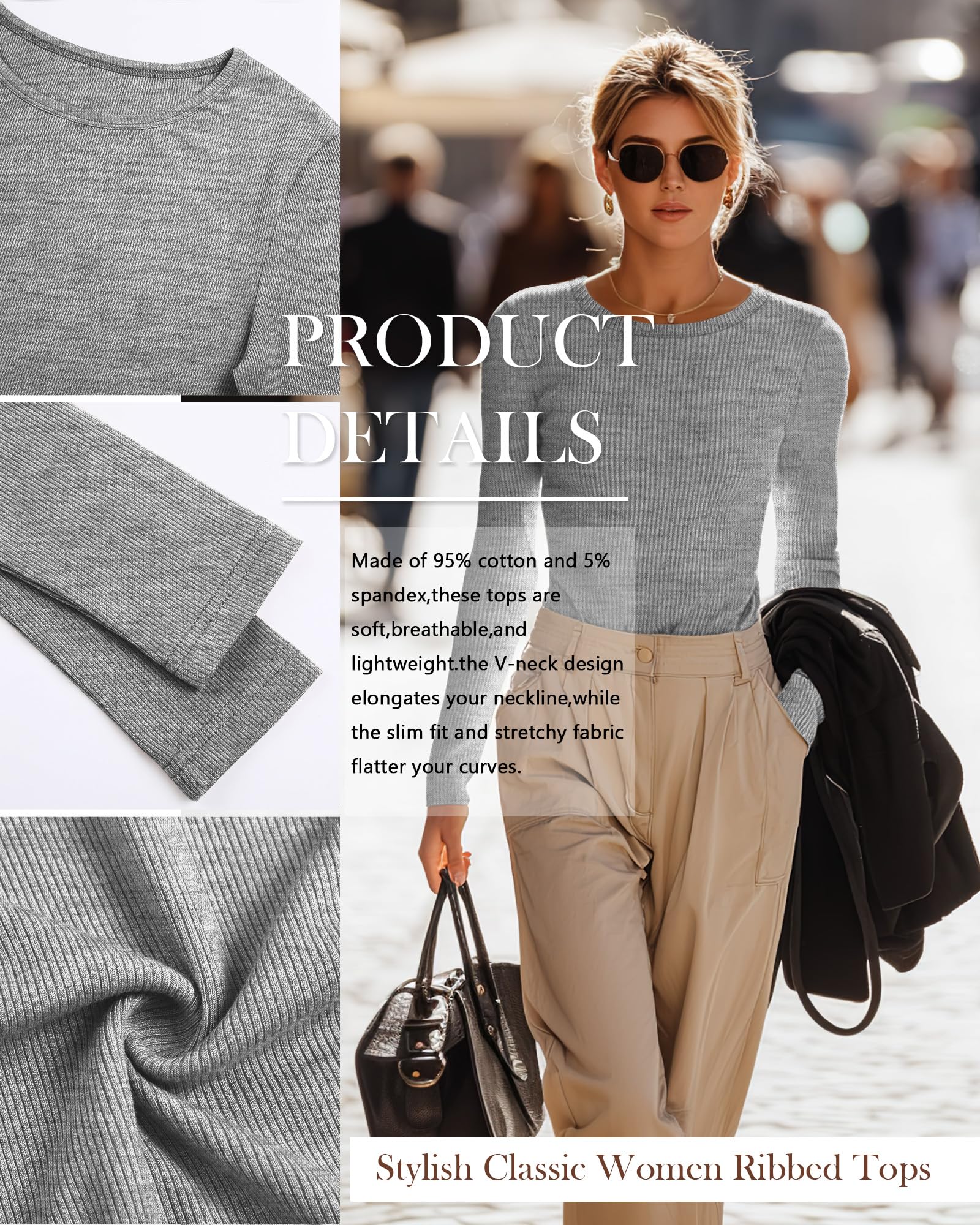 Neer Lot de 4 T-Shirts à Manches Longues Côtelés pour Femme, Col Rond en Coton, Coupe Ajustée, Maille Extensible | Hauts basiques à manches longues, sous-vêtements en tricot à col rond, t-shirts extensibles pour entraînement