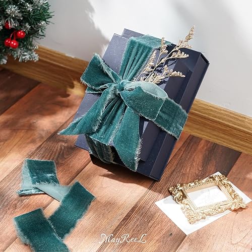 Miniatura 6 de Cinta de terciopelo azul polvoriento, 2 pulgadas x 3 yardas, cinta de terciopelo de seda con borde deshilachado, cinta azul rasgada a mano con borde