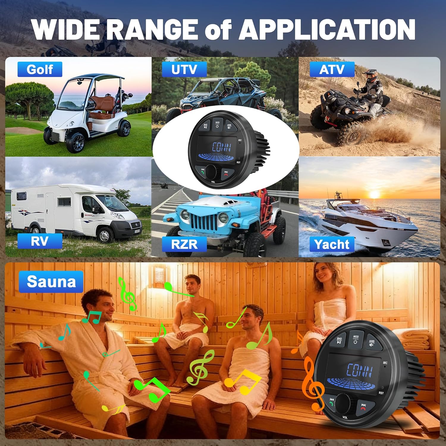 LEXXSON Marine Radio Bluetooth Stereo Audio Waterproof Boat Radio FM AM USB AUX Subwoofer, 3 Inch LCD Display Golf Cart Marine Stereo Receivers Audio Systems for RV UTV Yacht Black