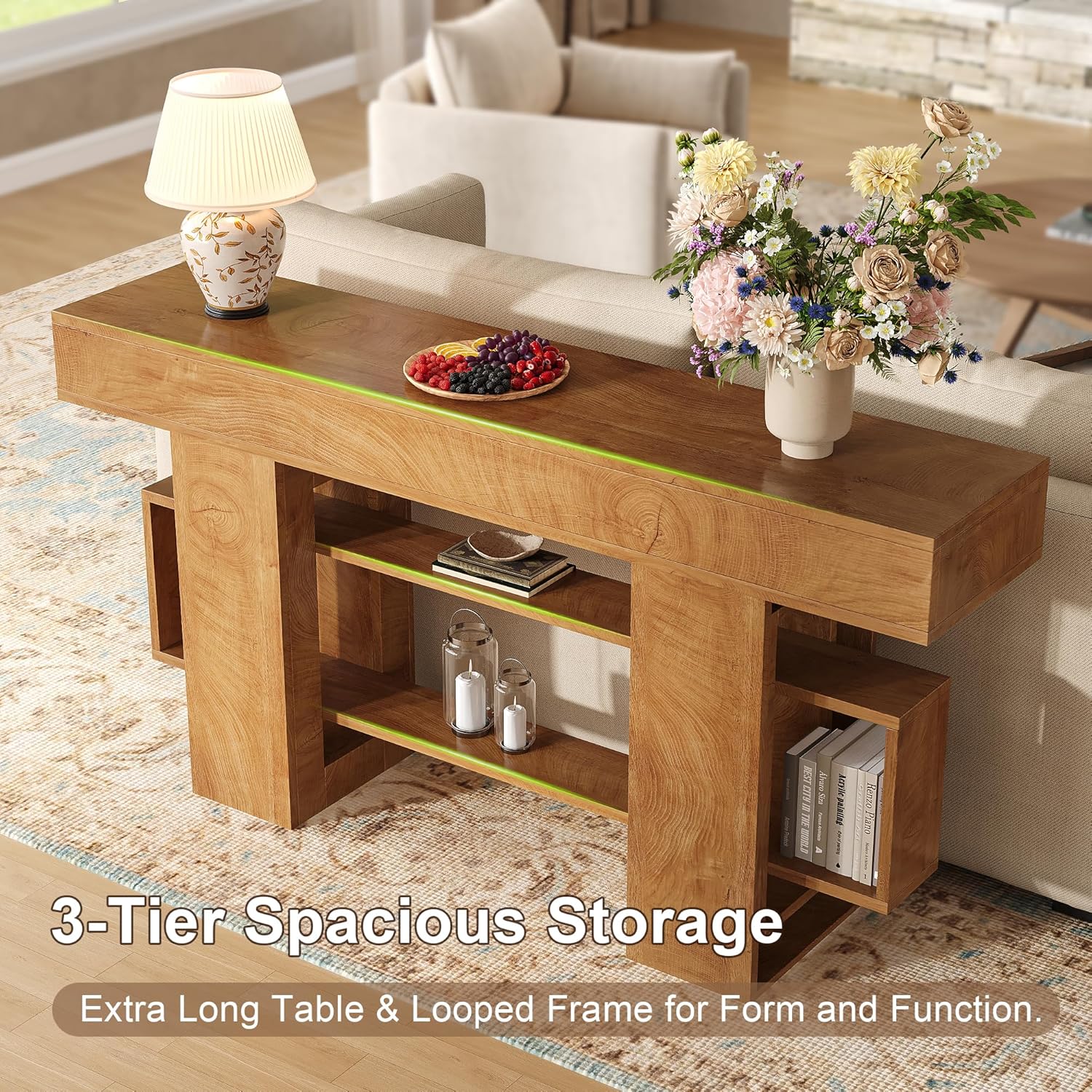 Feonase 63 Inches Long Console Table for Entryway, Wooden Sofa Table Behind Couch with 3-Tier Storage, Farmhouse Narrow Entry Hallway Table for Living Room Foyer Entrance, Natural Brown