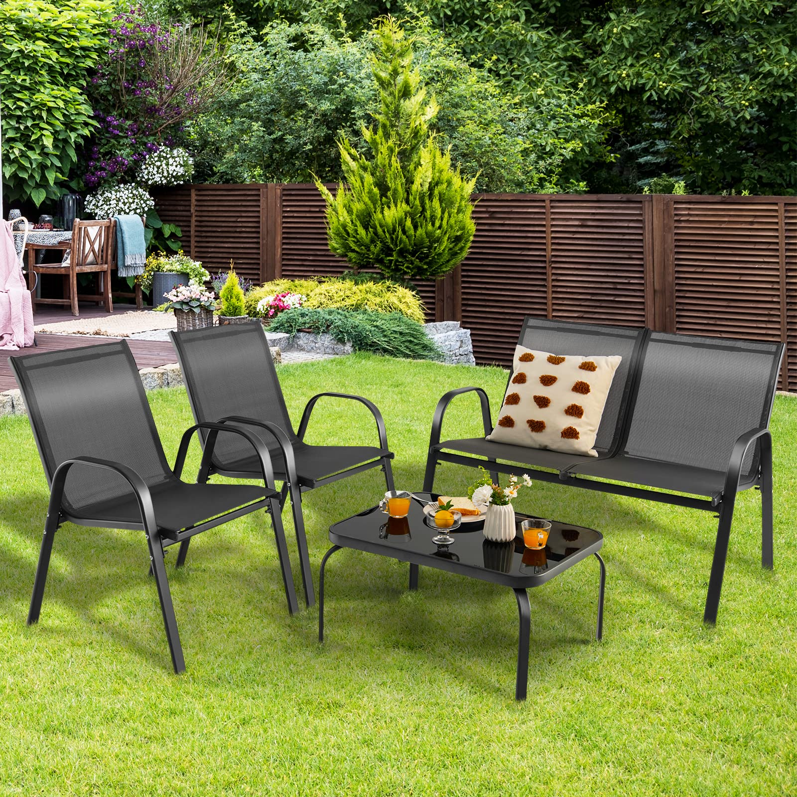 KOMFOTTEU Juego de Muebles de Jardín de 4 Piezas, Conjunto con Banco de 2 Plazas, Mesa de Centro y 2 Sillones, Set de Muebles de Textileno y Cristal Templado, para Balcón, Terreza, Patio (Negro)