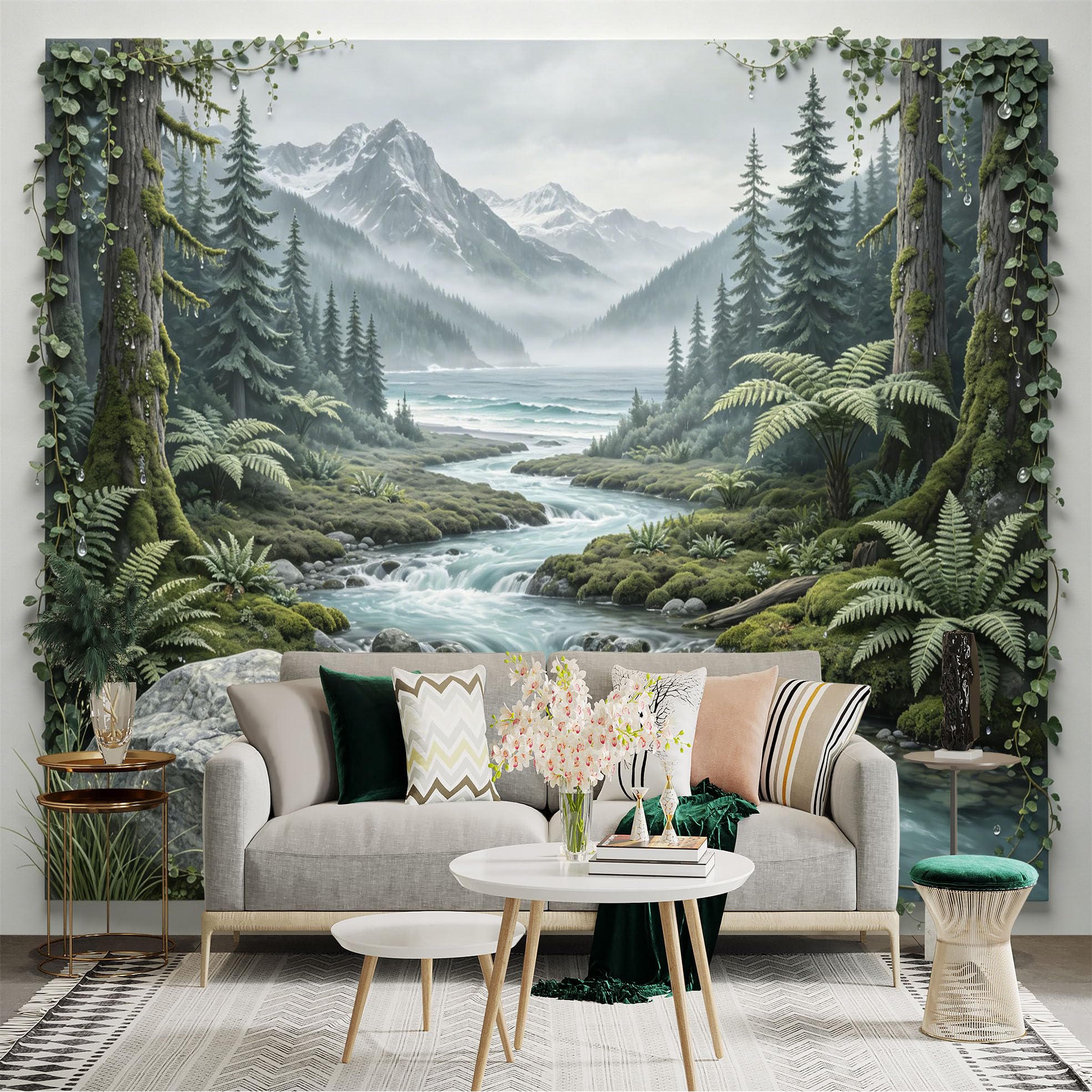 Custom Size Wall Sticker Mural， Misty Mountain River with Pine Forest and Waterfall Landscape， for wall Decoration， peelandstick wall Decals.