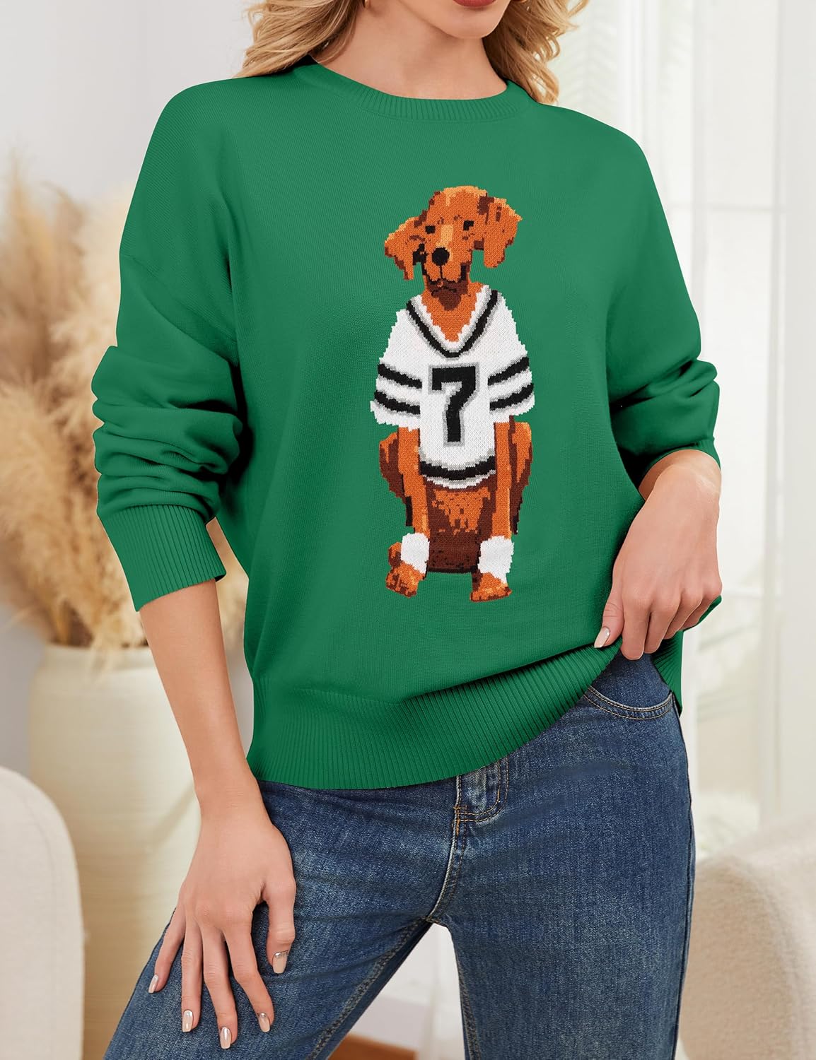 Women Dog Print Sweater Crew Neck Long Sleeve Knit Top Pullover Jumper Fall Winter 2025 Cloth Outfits - Image 6