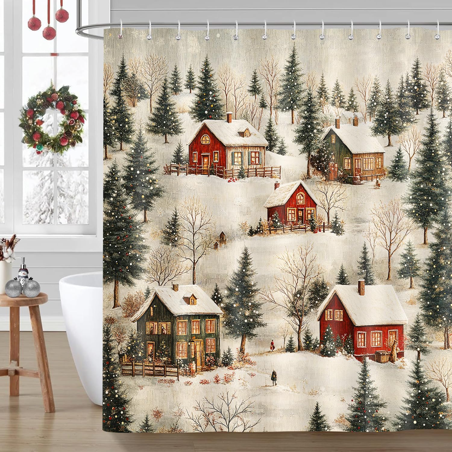 Winter Snow Forest Shower Curtain, Rustic Farmhouse Deer Cabin Elk Forest Snowy Trees Nature Mountain Xmas Bath Curtain, Retro Blue White Waterproof Fabric Shower Curtain Set with Hooks, 72X75IN