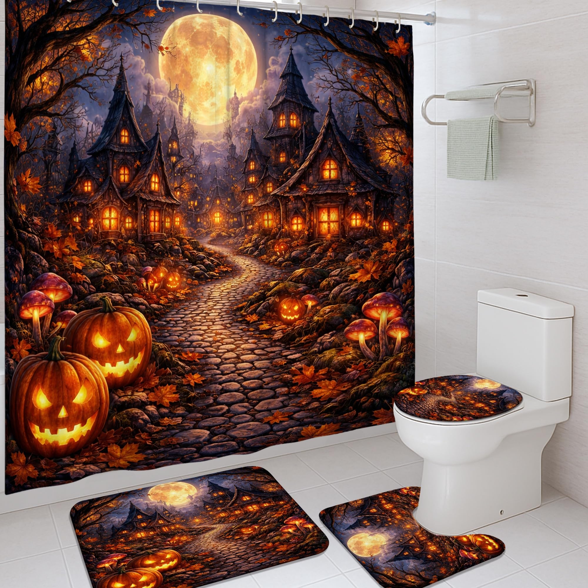 Rideau de douche citrouilles Halloween en polyester imperméable orange de 183x183 cm