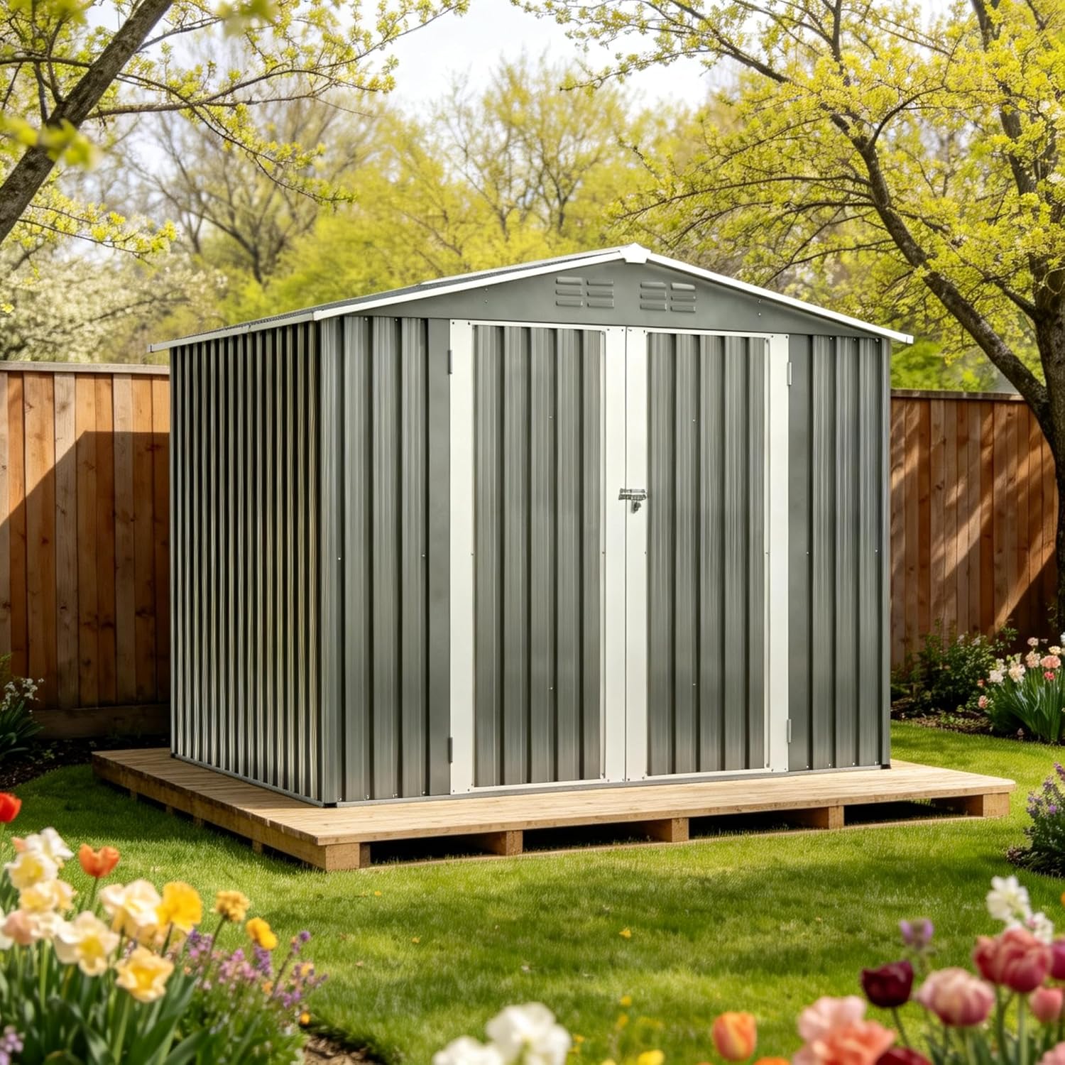 8 x 6 FT Outdoor Storage Shed, Metal Garden Shed with Floor Frame, Tool Shed Outdoor Storage with Lockable Hinged Doors & Air Vents, Storage House Waterproof for Backyard, Lawn, Gray