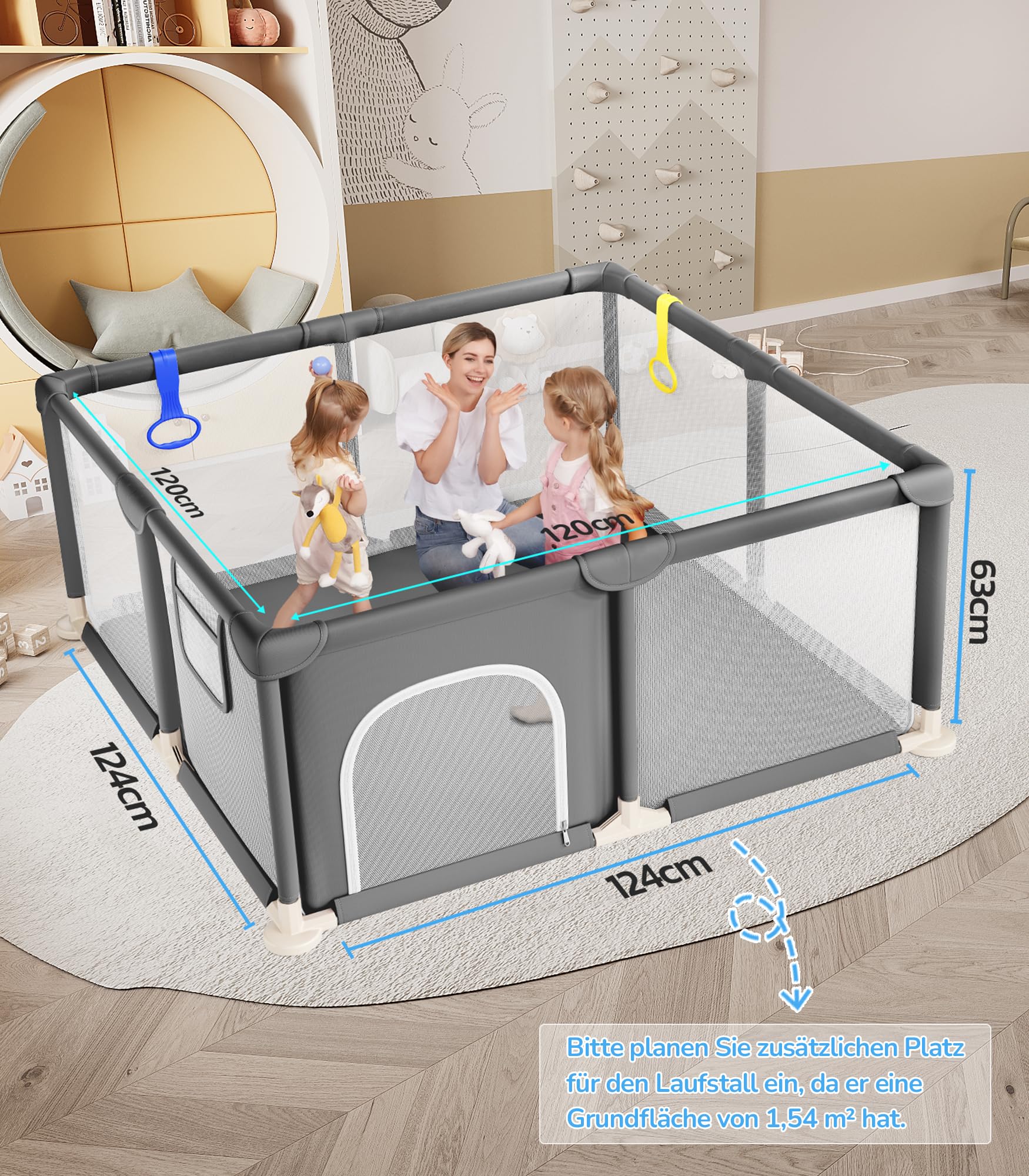 Dripex Laufstall Baby, Kompakter Laufgitter Baby ideal für kleine Räume, Indoor & Outdoor Laufgitter & -Ställe mit Atmungsaktivem Netz & Pull-up Rings, 124x124cm, Dunkelgrau