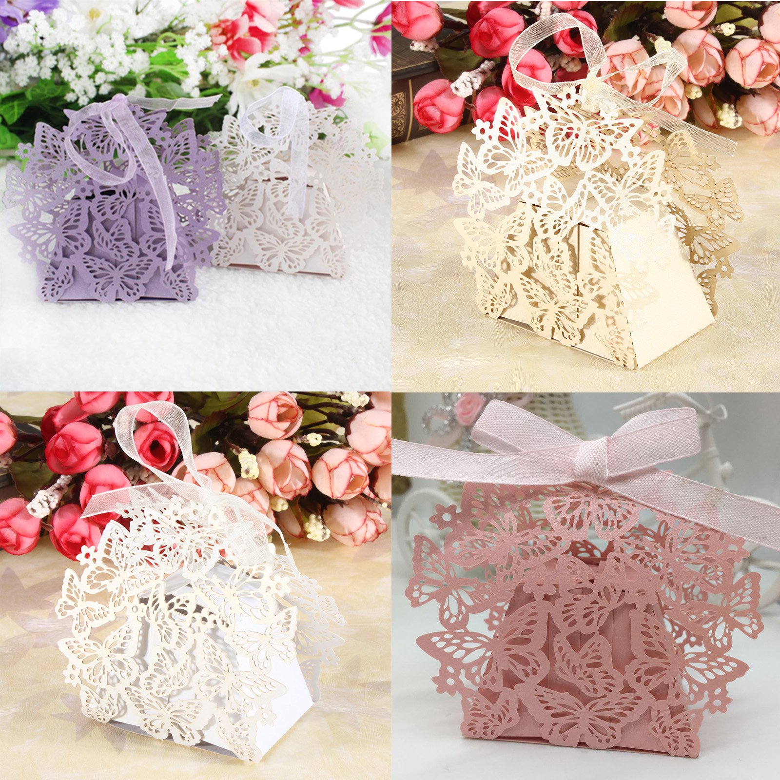 200 szt. eleganckie prezenty dla gości weselne pudełko białe, Laser Cut papier perłowy multi-motyle pudełka słodycze / cukierki/czekolada/mała biżuteria pudełko prezentowe bombonierka prezent