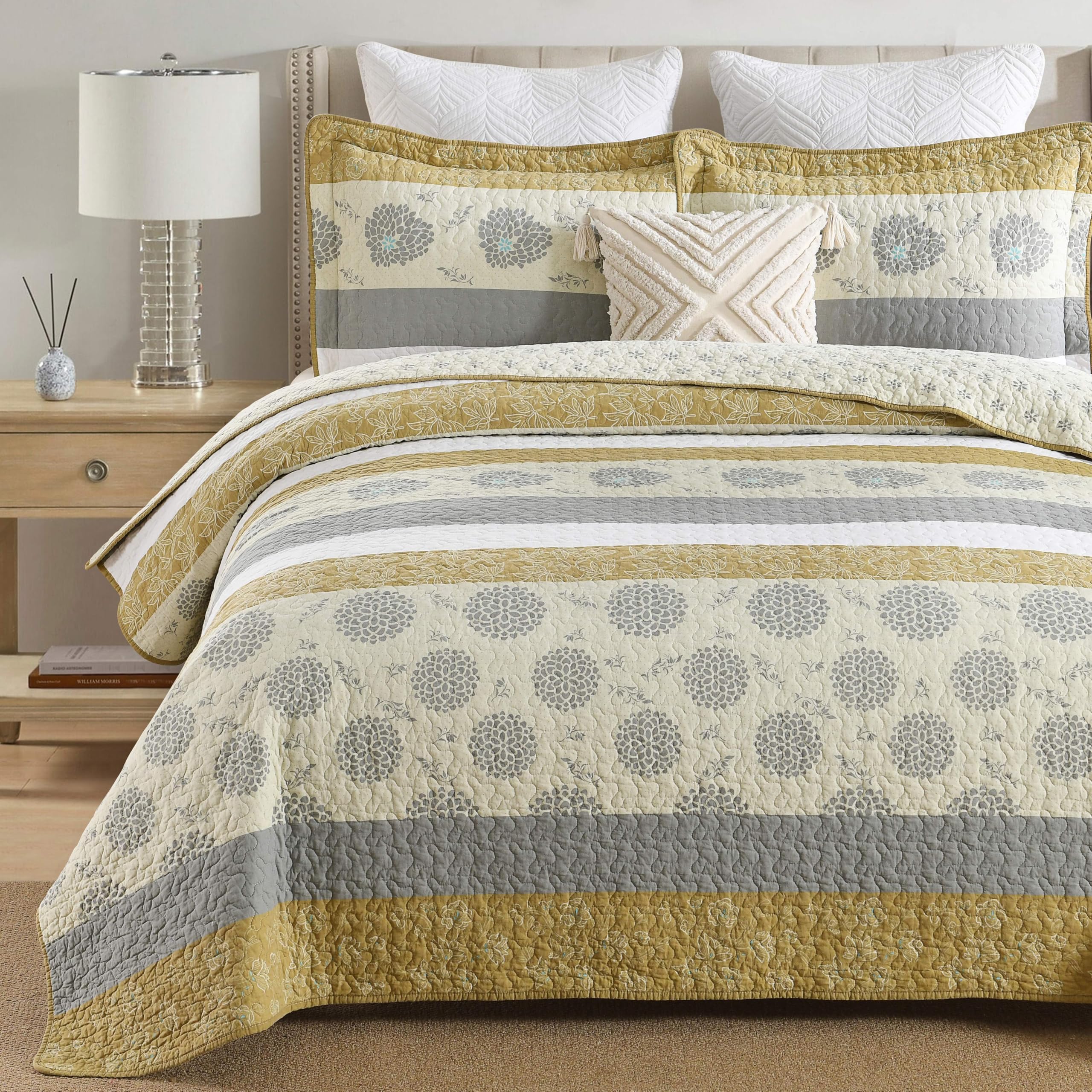 Homzard Quilt King Size-Comforter King Quilt Bedding Set,Mustard Yellow Beige Grey All Cotton Quilted Bedspread,Striped Floral Pattern Bedding Set,Lightweight Reversible 3 Piece,All Seasons