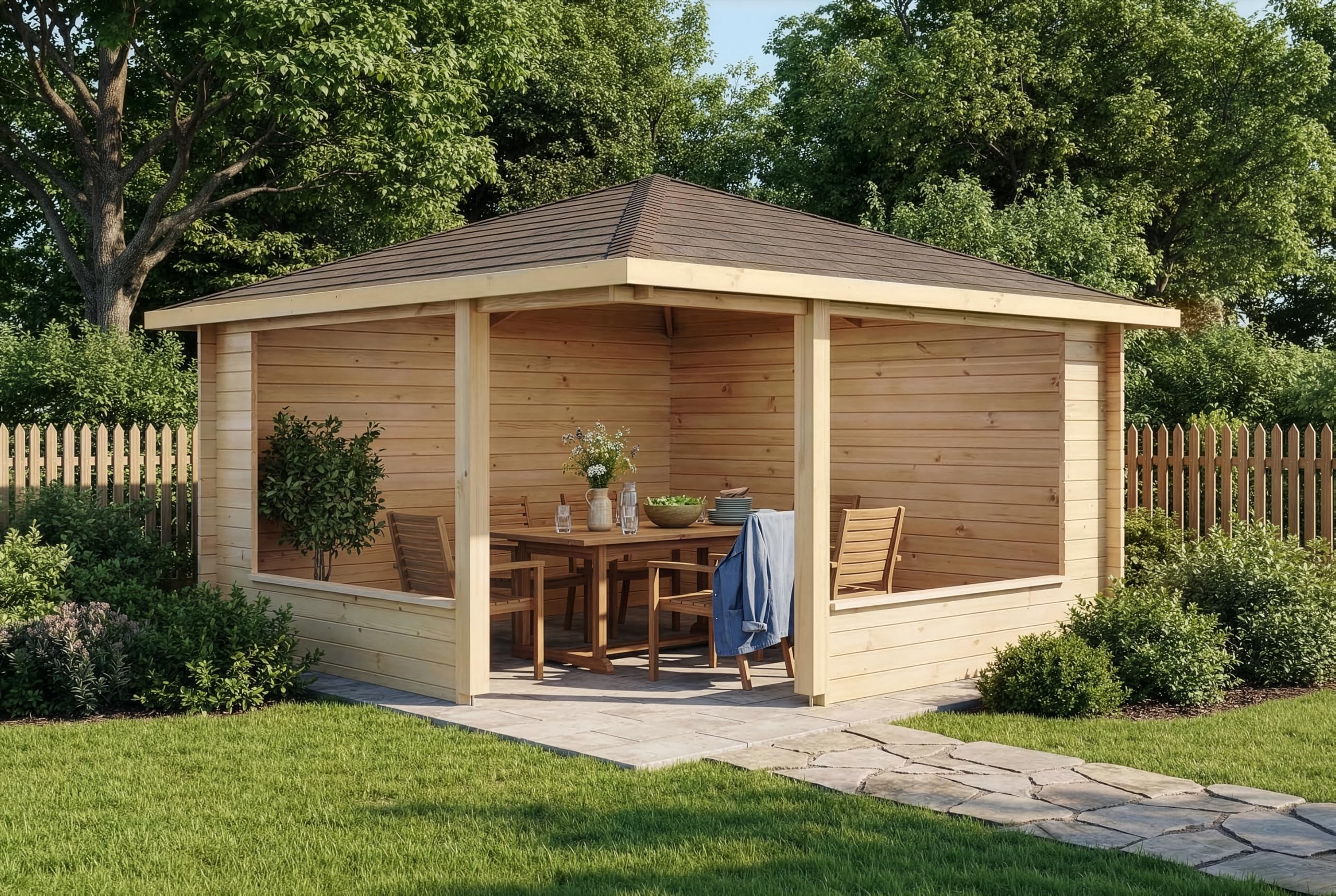 Alpholz 5-Eck Gartenlaube Maik-40 aus Massiv-Holz Gartenhaus 400 x 400 cm