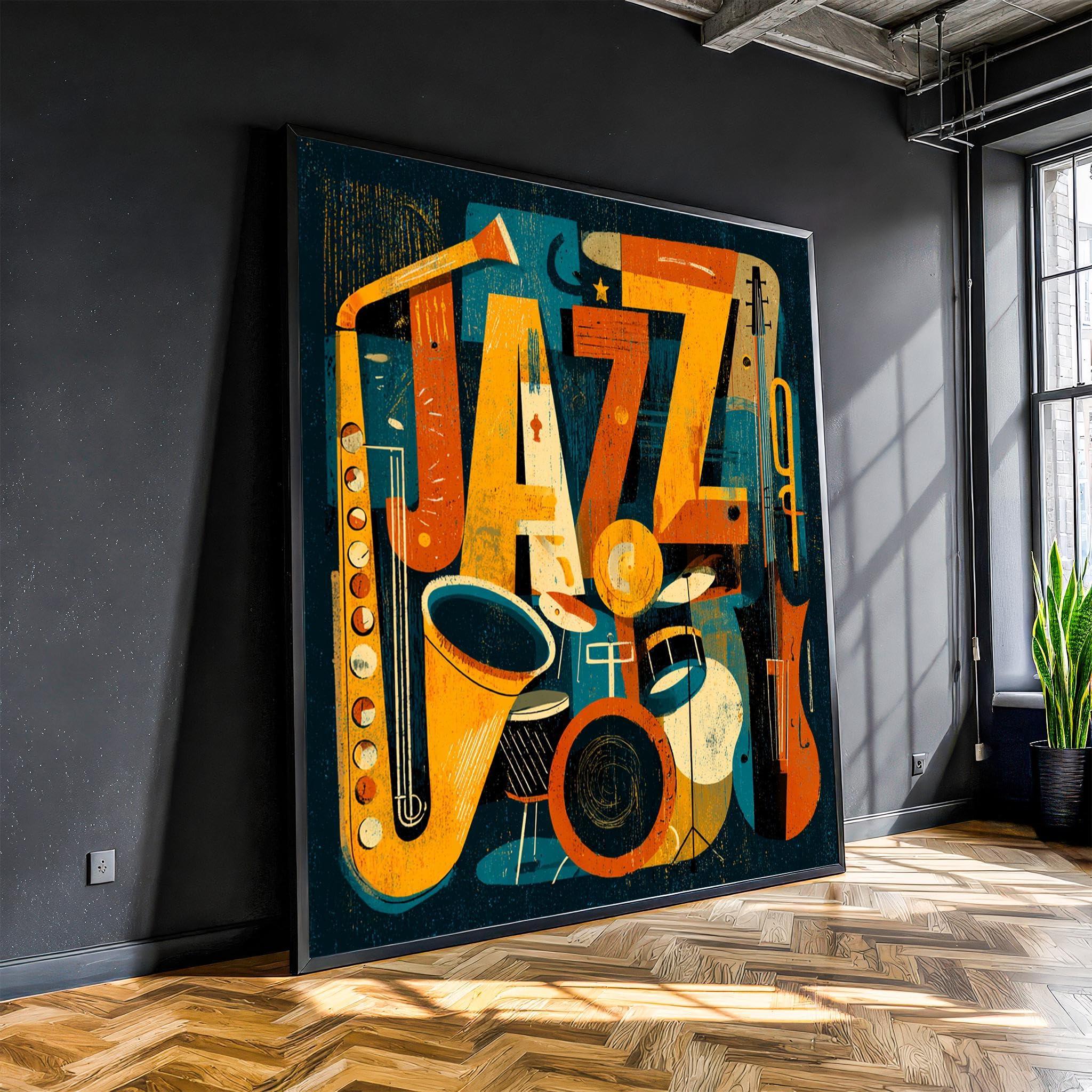 XINBAO Jazz Music Canvas Wall Art - Retro Saxophone Canvas Print-Modern Music Room Decor - Mid Century Jazz Band Poster Painting(55x55cm/Frameless)