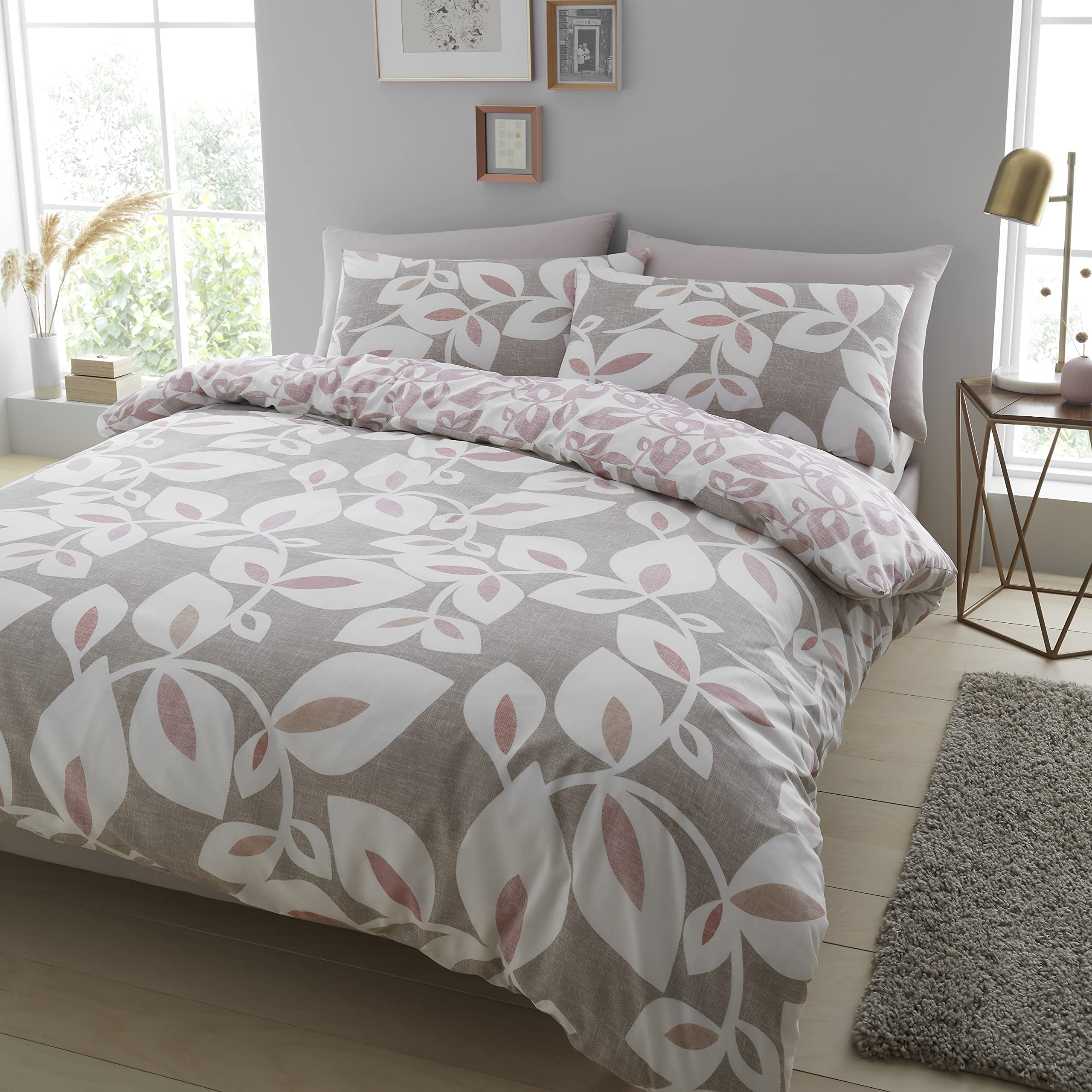 Catherine Lansfield Inga Leaf Blush Funda Nórdica + Funda de Almohada Cama 150cm - 240x220+ 2(50x85)