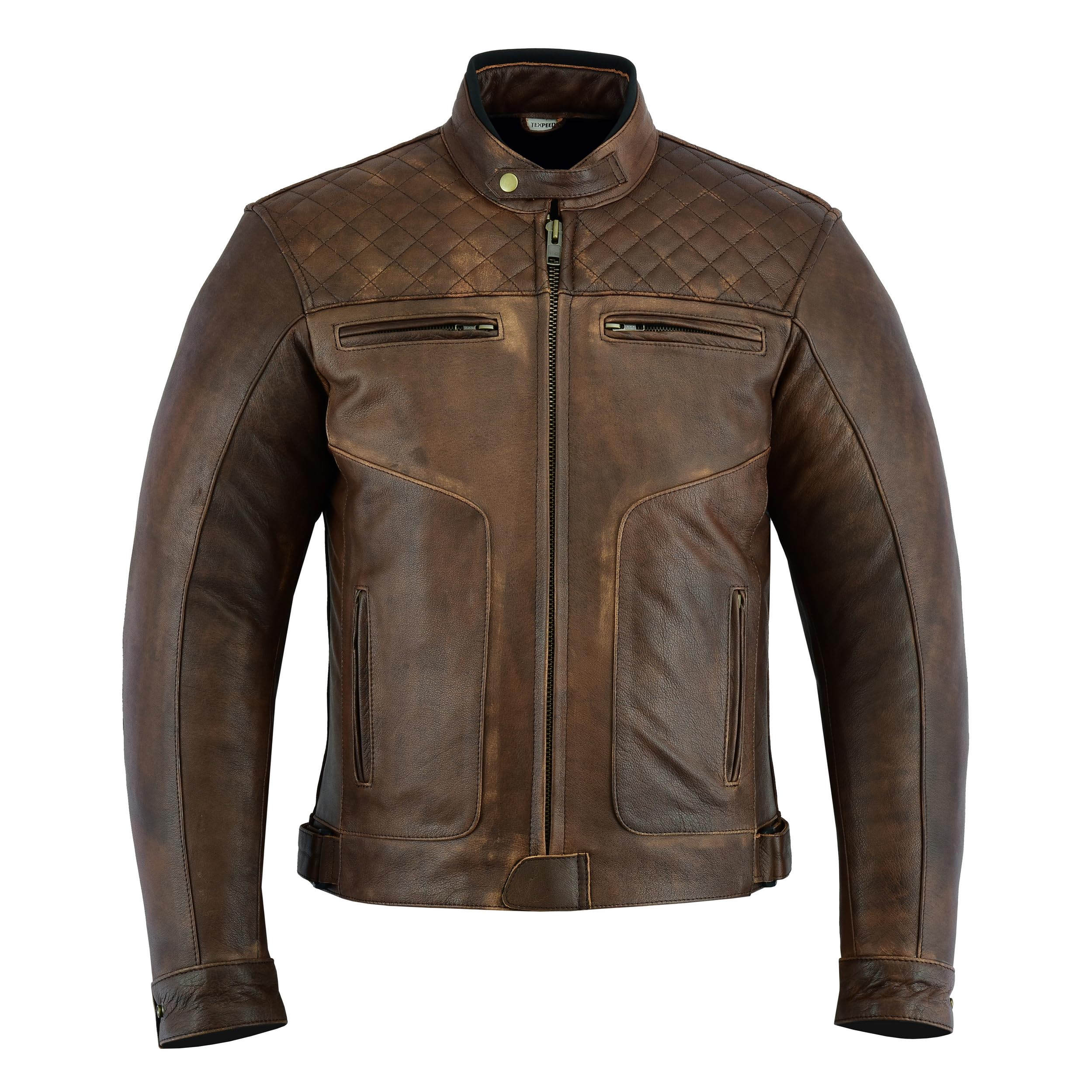 Texpeed Chaqueta de moto de cuero para hombre - Chaqueta de moto Touring con protección de armadura auténtica Biker CE (EN 1621-1) Patrón de costura de diamantes - Marrón - 4XL