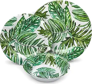 Melamine Dinnerware Sets Melamine Plates | 12 Pcs Outdoor Plates Summer Plates and Bowls Sets Dinnerware Melamine Plates Ideal Camping Dish Set Dinnerware Set for 4 Dishwasher Safe (California Palm)