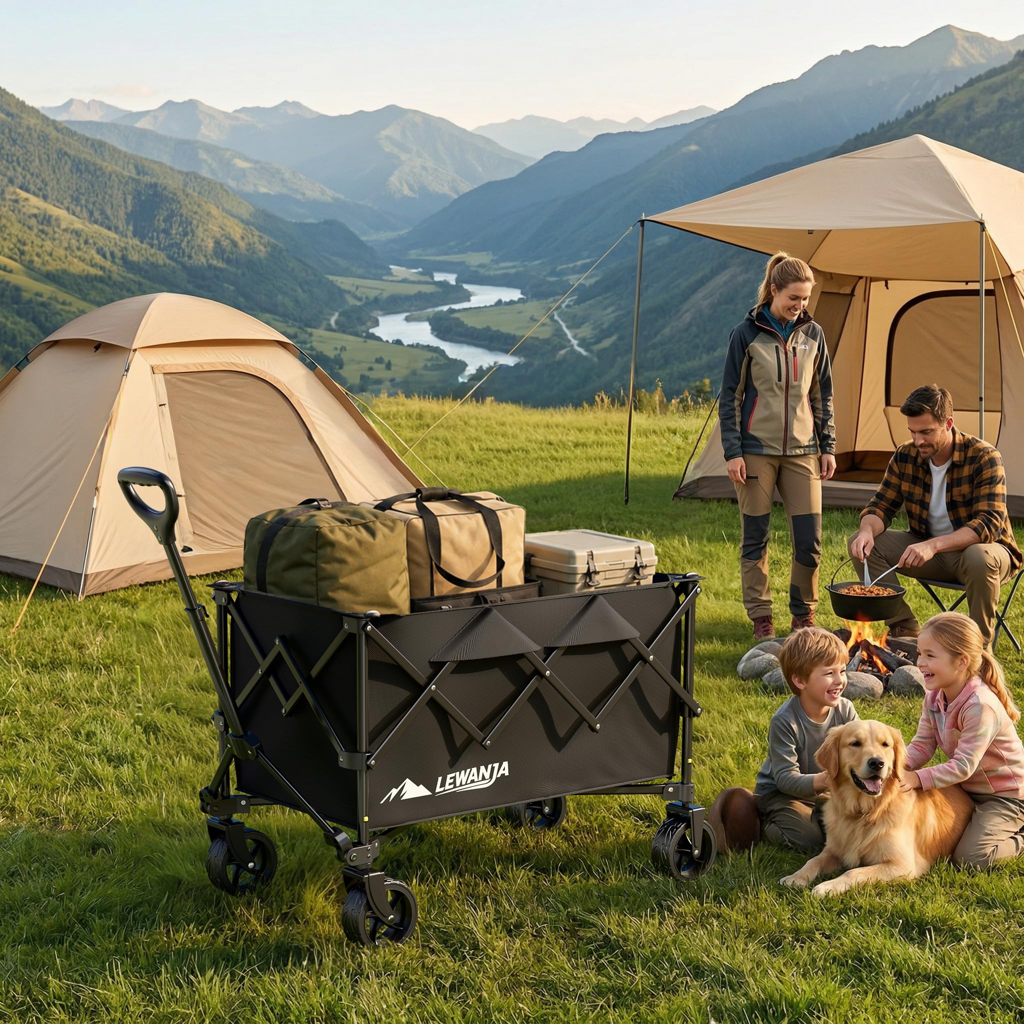 LEWANJA 140L Carro Playa Plegable, Robusto Carrito de Jardín con Mango Ajustable, Carga 130kg, para Camping, Festivales y Compra