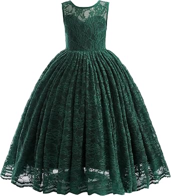 Glamulice Full Lace Flower Girls Dress Long A Line Bridesmaid Wedding Tulle Dresses Birthday Formal Party Ball Gown