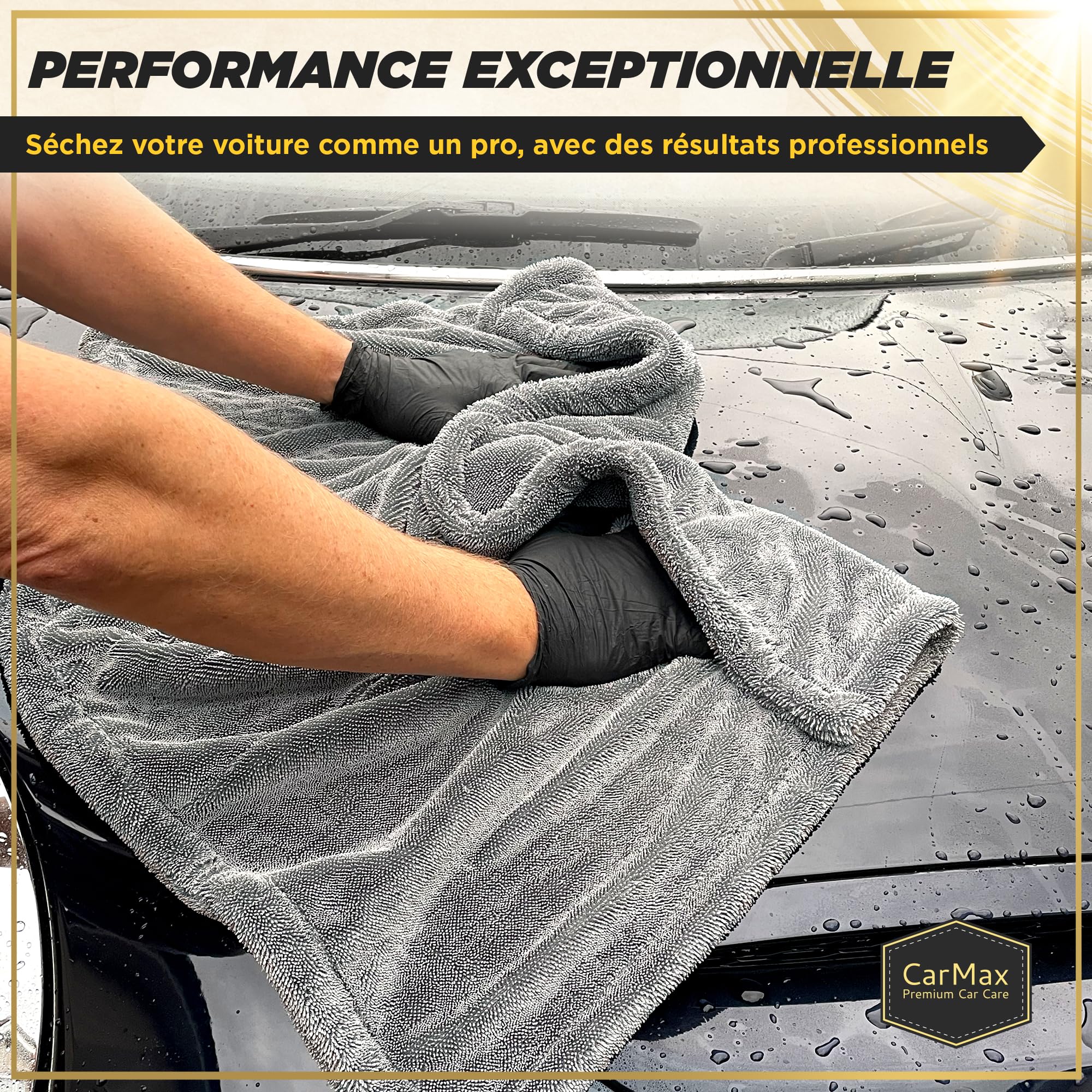 CarMax® - Serviette de Séchage Voiture en Microfibre Twisted Loop – Haute Absorption – Séchage sans Traces – Sûre pour Peinture et Vitres (XXL - 90cm x 60cm)
