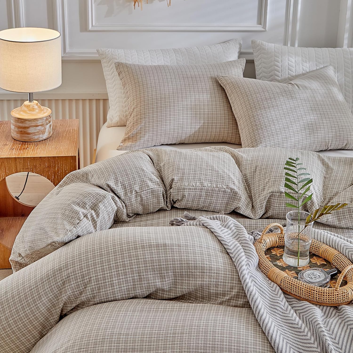 DuShow Grid King Duvet Cover Set - Taupe Plaid Checkered Washed Microfiber Comforter Cover Set, 3 Pieces Soft Reversible Bedding Set(Taupe,King) - Image 7