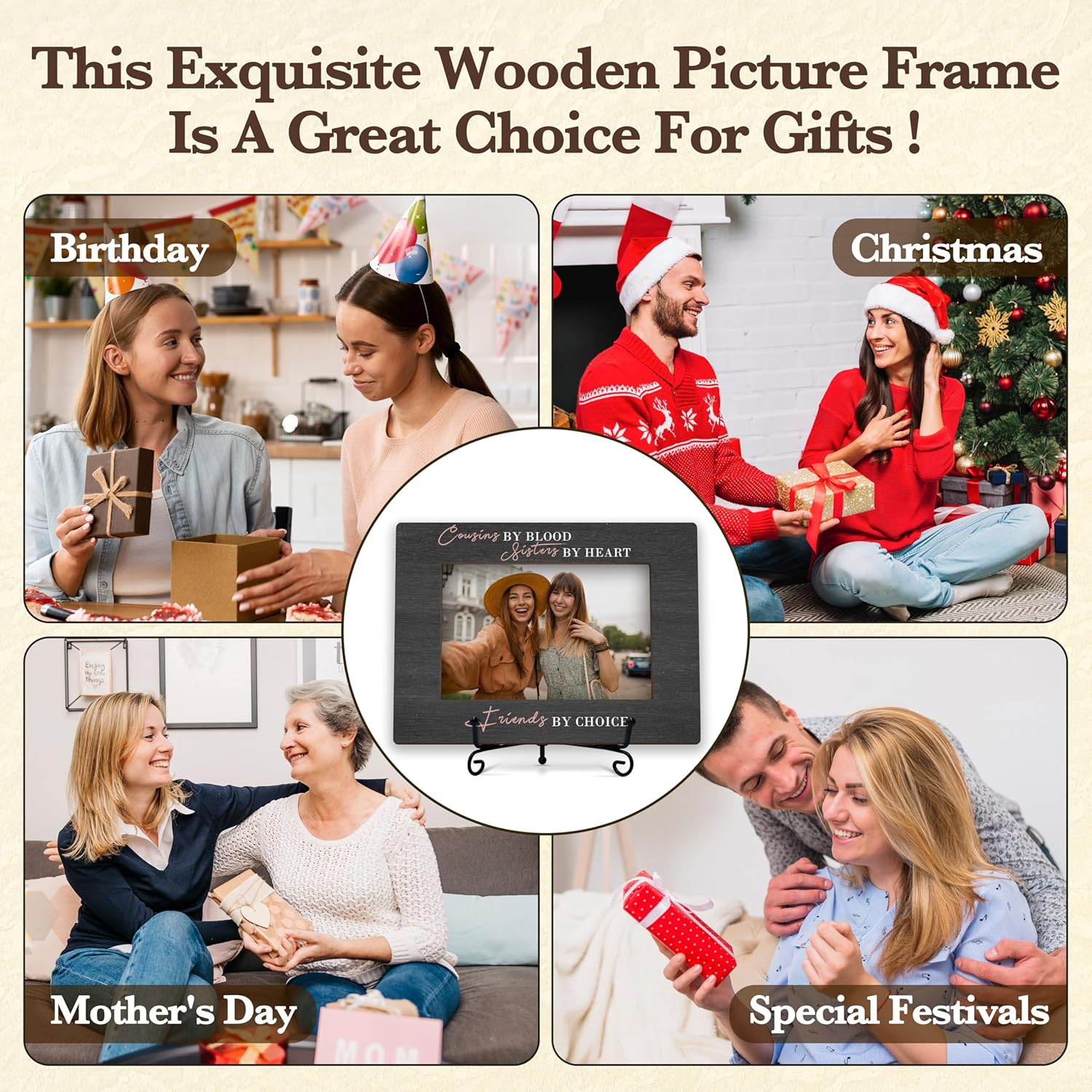 いとこ写真フレーム、スタンド付きシスターウッドフォトフレーム、いとこ、姉妹、親友、親友、親友、親友、BFF、Cousins By B
