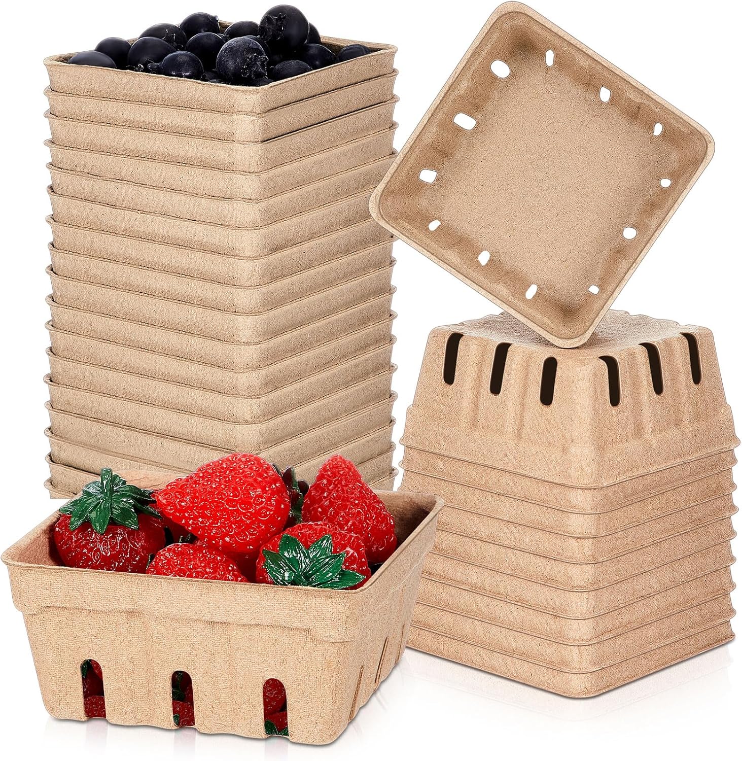 Reallnaive 50 Pack Natural Pulp Fiber Berry Baskets 1/2 Pint, Small Molded Produce Vented Basket for Strawberry, Blueberry, Raspberry, Vegetables, Farmers Market, Fruit Picking, Garden Harvest, Party