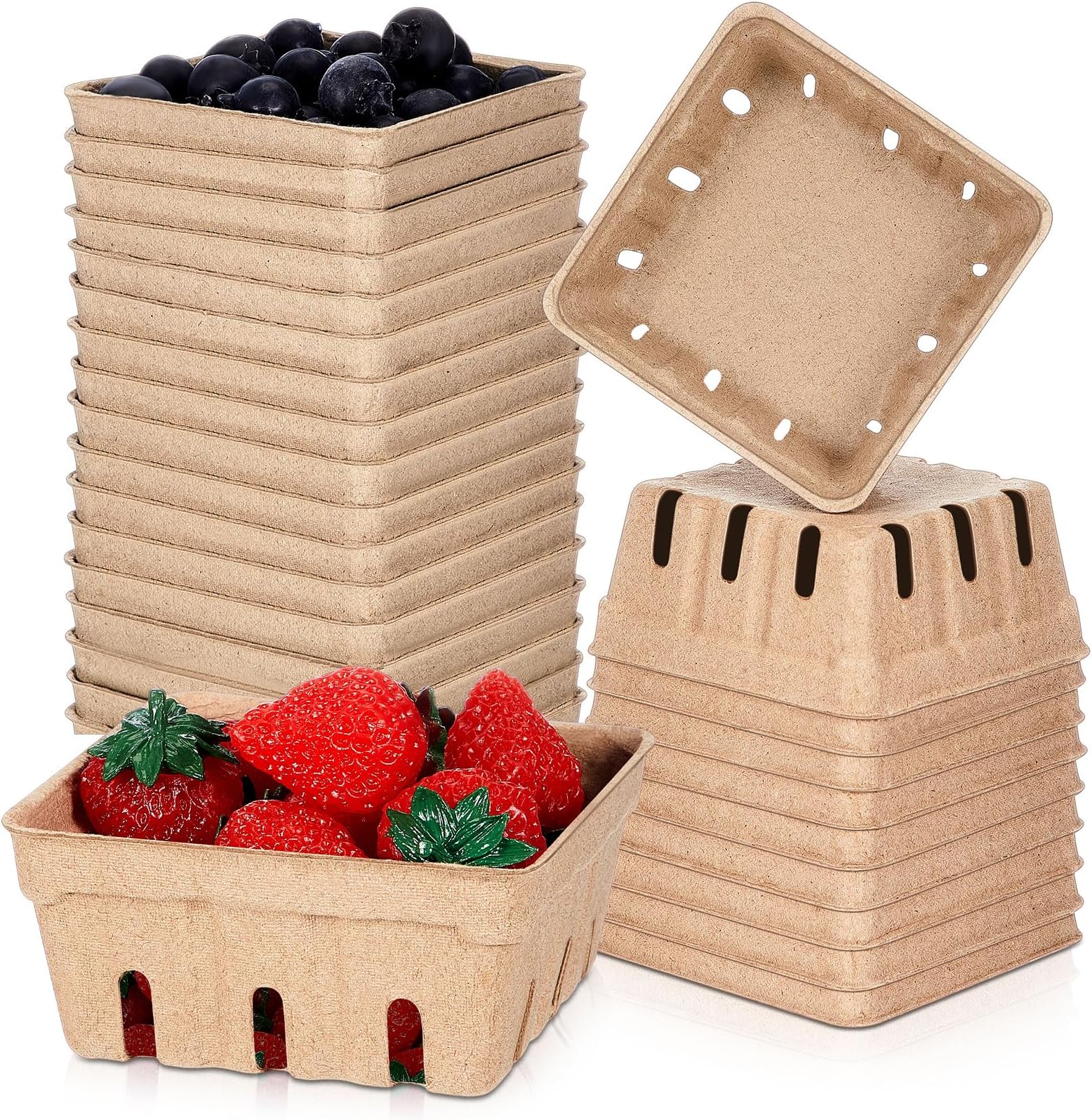 Reallnaive 50 Pack Natural Pulp Fiber Berry Baskets 1/2 Pint, Small Molded Produce Vented Basket for Strawberry, Blueberry, Raspberry, Vegetables, Farmers Market, Fruit Picking, Garden Harvest, Party