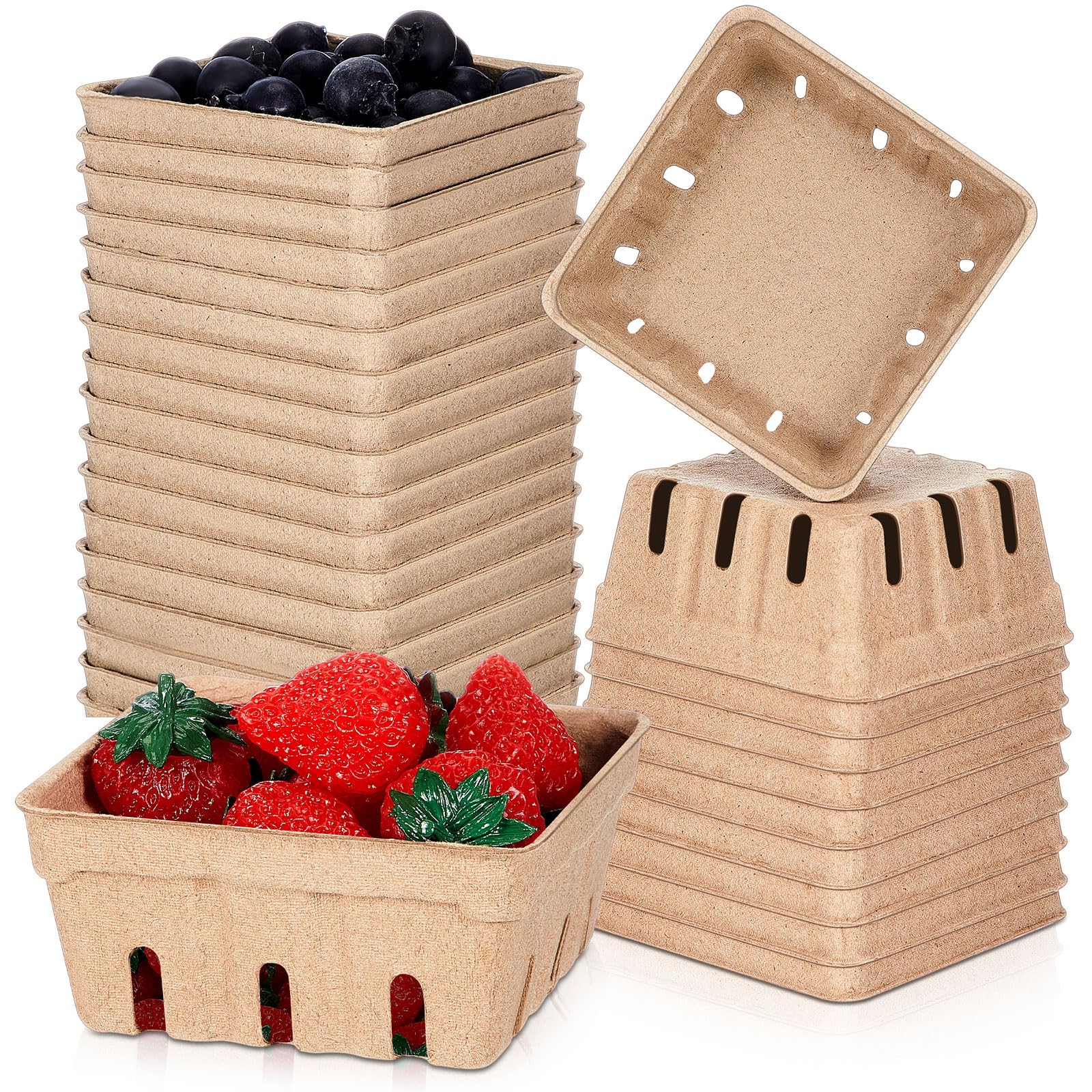 Reallnaive 20 Pack Berry Basket Natural Pulp Fiber, Molded Strawberry Basket Produce Vented Container for Fruit and Vegetable, Farmer Market, Grocery