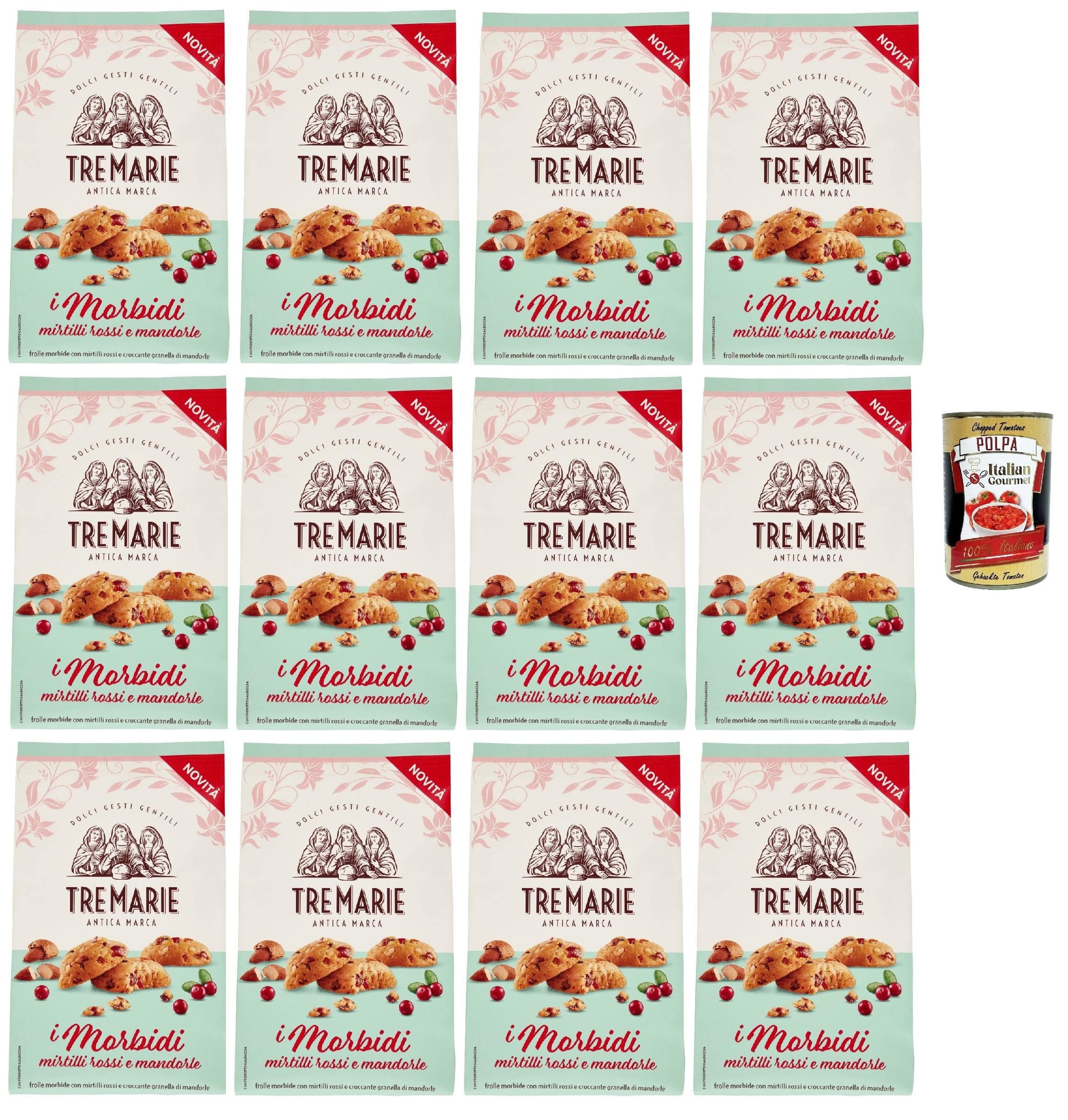 Italian Gourmet I Morbidi biscotti Cranberry Mandel Kekse 12 x 300g | Con mirtilli rossi e mandorle, fruchtig-knusprig zum Kaffee, Snack für, Gesamtnettogewicht 3,6 kg + Kostenlos Polpa 400g