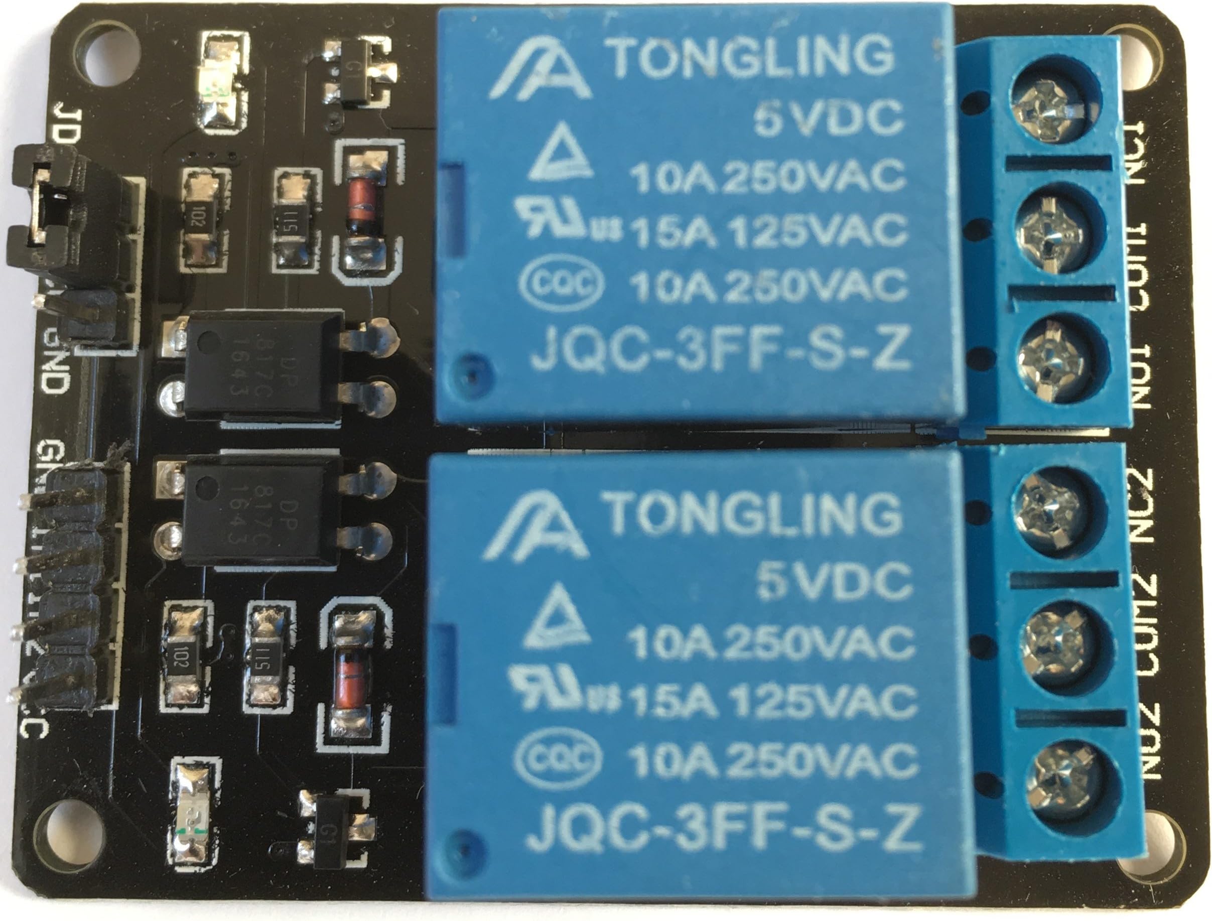5 V DC 2-channel, low level trigger, power relay module, JQC-3FF-S-Z, 10 A, 250 V AC, 15 A, 125 V AC, RBTMKR