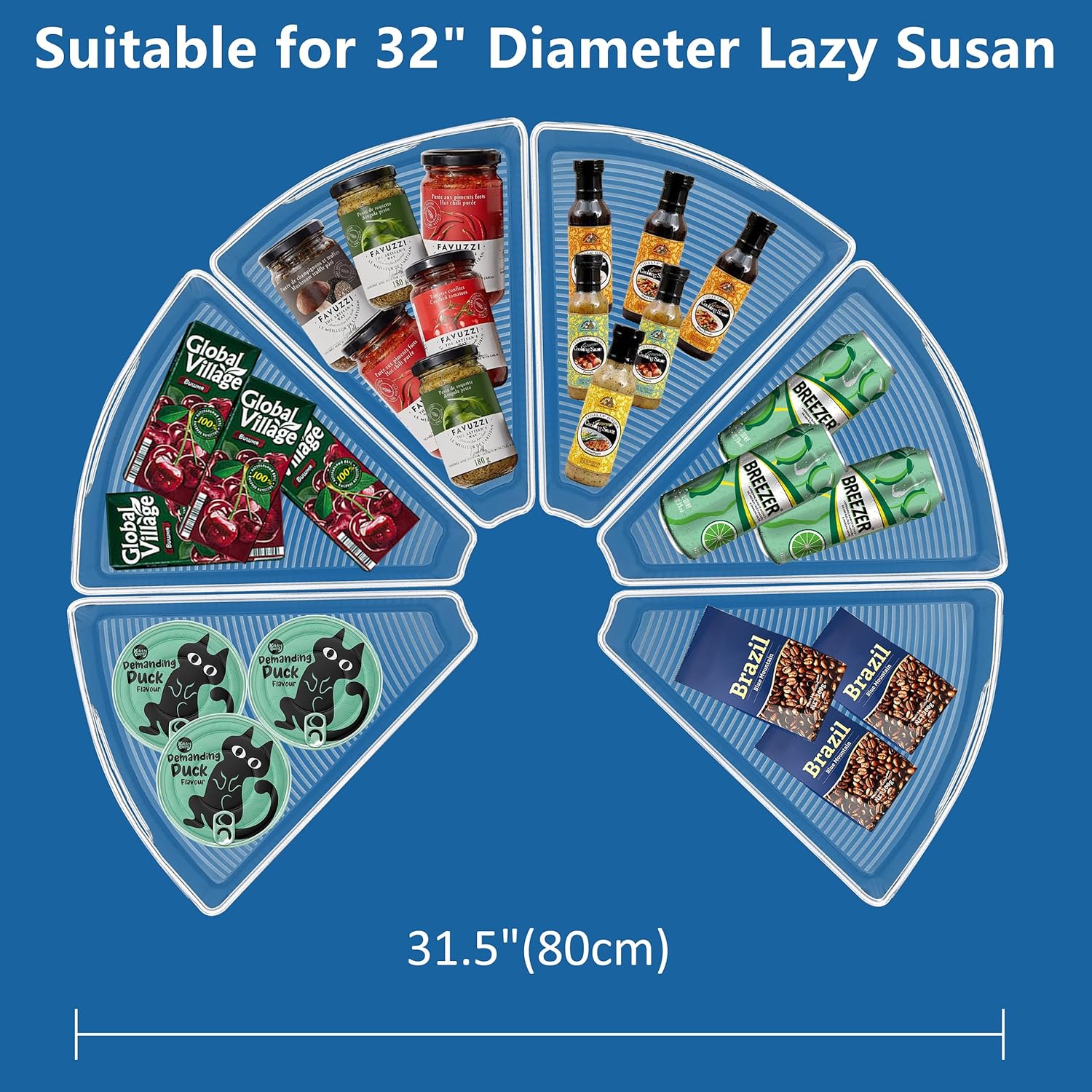 Lazy Susan Organizer Bins for 32"-33" Diameter Corner Cabinet Lazy Susan, 6 Pack, Clear Plastic Cabinet and Pantry Storage Bin, 1/8 Wedge-Food Safe, BPA Free