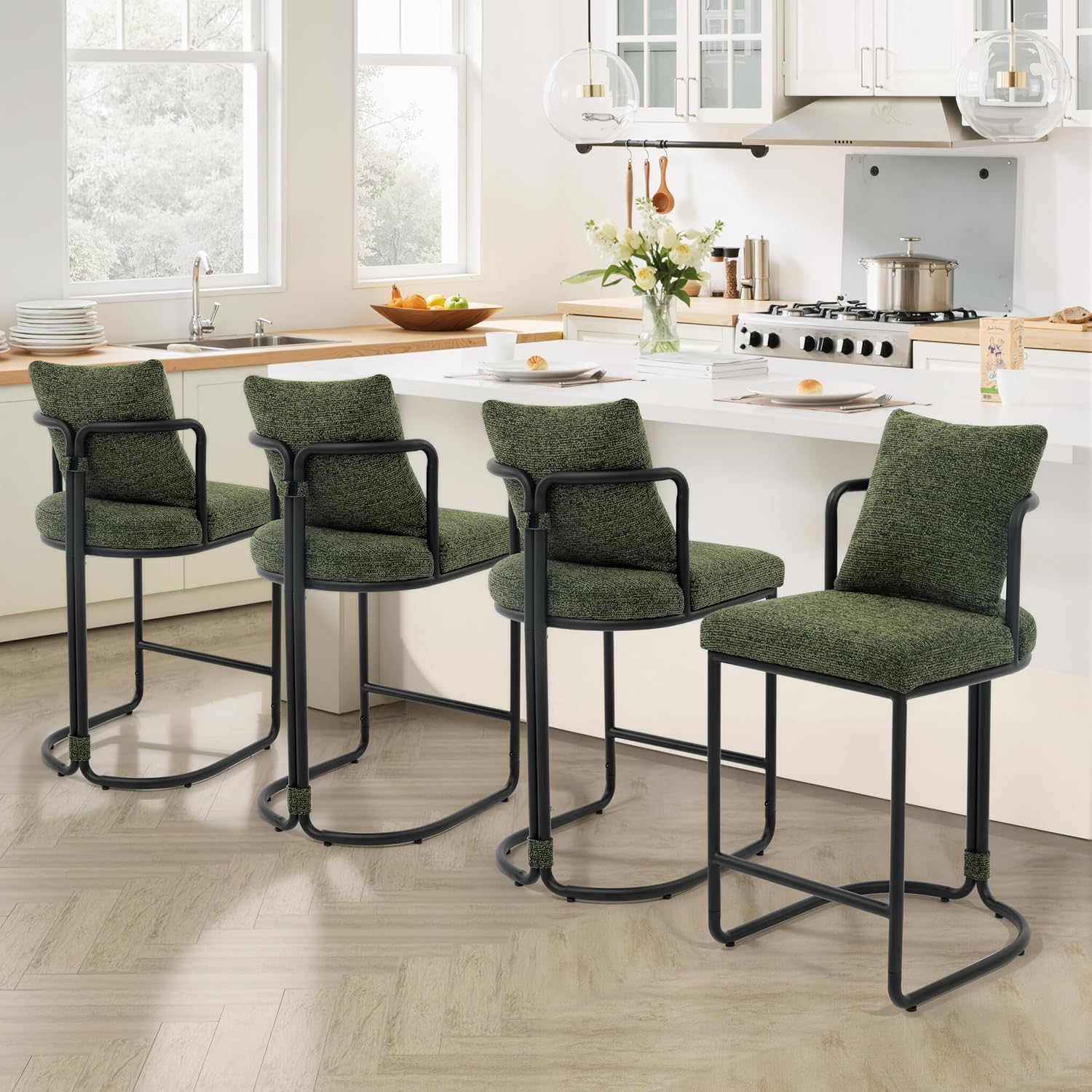 RNKSFX Counter Height Bar Stools Set of 3, 26" Modern Upholstered Counter Stools with Backs & Metal Legs, Armless Chenille Bar Stools for Kitchen Island, Home Bar, Green