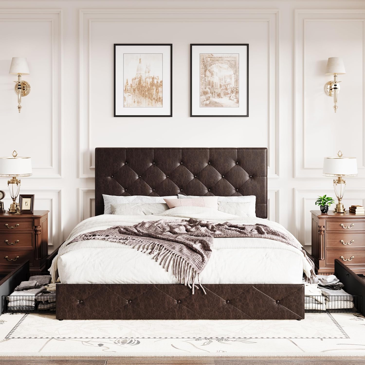 SHA CERLIN Upholstered Queen Size Platform Bed Frame with 4 Storage Drawers, Adjustable Headboard with Diamond Stitched Button Tufted Design, Wooden Slat Support, No Box Spring Needed, Black Brown