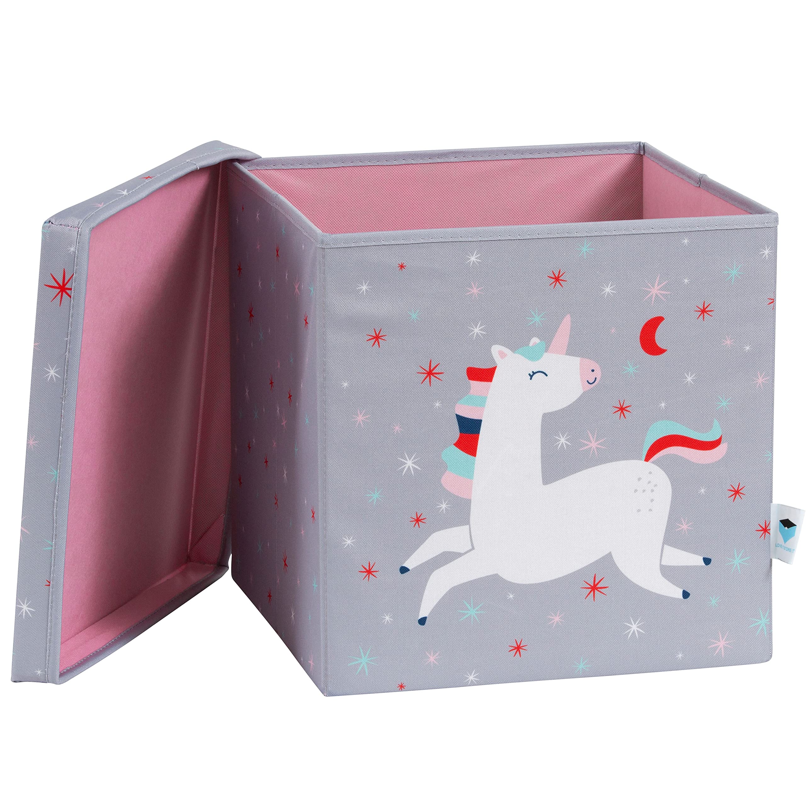 LOVE IT STORE IT Aufbewahrungsbox mit Deckel - Kallax Boxen aus Stoff - Verstärkt mit Holz - Quadratisch und stabil - Grau mit Einhorn