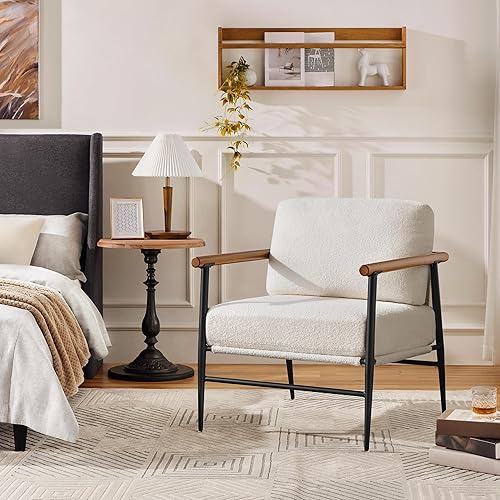 Miniatura 27 de Yaheetech Silla decorativa, moderna silla de tocador, silla de salón de tela Boucle con marco de metal, almohada trasera de felpa y cojín de