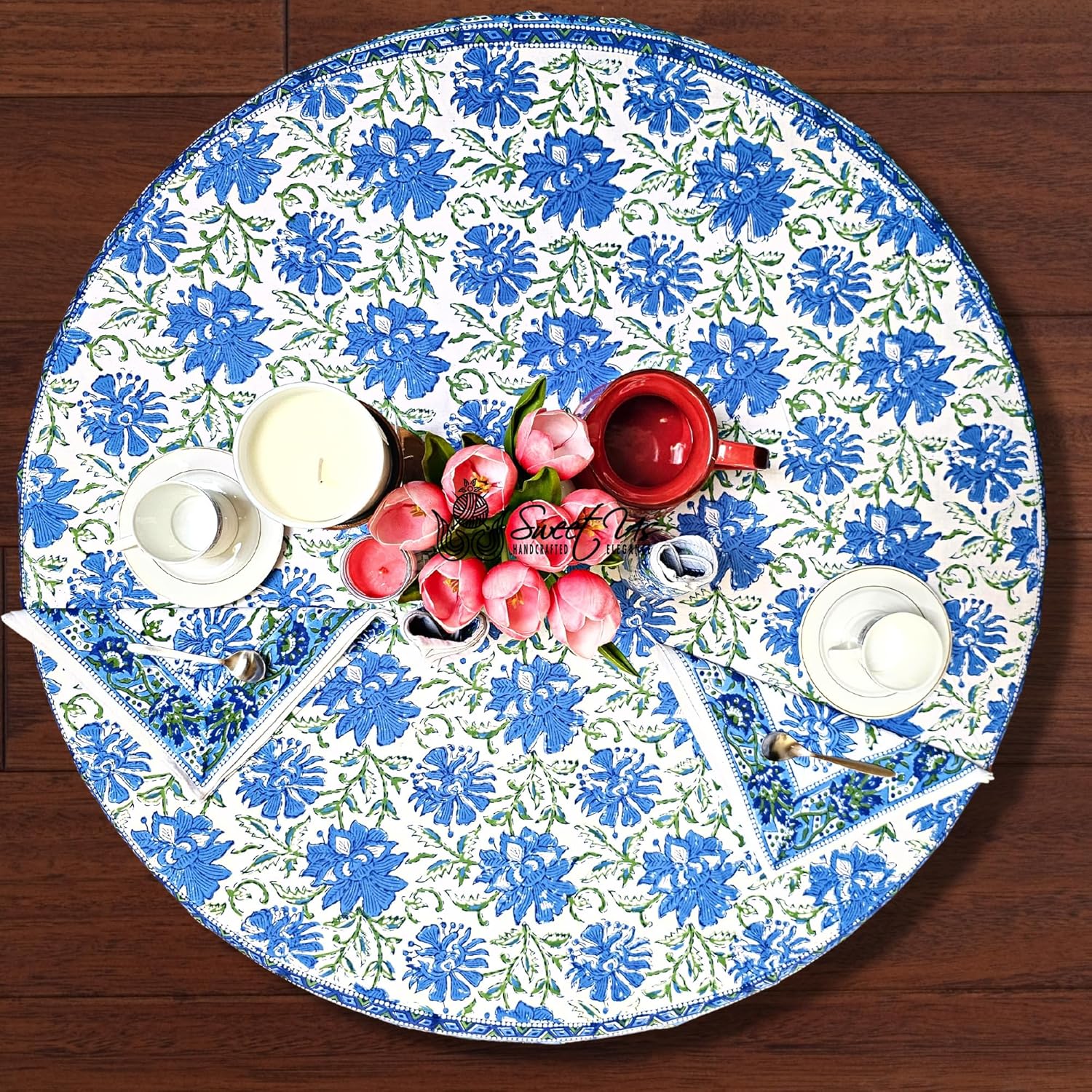 Sweet Us Blossom Burst Floral Cotton Block Print Tablecloth and One Gray Napkin, Floral Kitchen Dining Table Cloth, Table Cover for Indoor and Outdoors, Blue Lagoon, 72-in Round