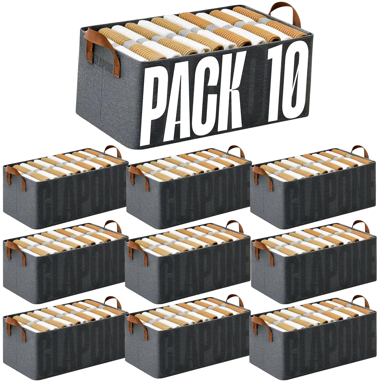 CLAPONE 10 Pcs Woven Cloth Organizer for Storage/Foldable Wardrobe Organizer with Durable Handles/Wardrobe Organizer for Storage/Clothes Baskets for Organizing Shirts/Pants/Jeans/Dress/Sweaters (Grey)