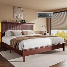 Lifezone King Bed Frame with Headboard, Solid Wood Bed Frame King Size with Charging Station & RGB LED, Wood Slats Support, Noise-Free, Sturdy Structure, Easy Assembly, Mahogany