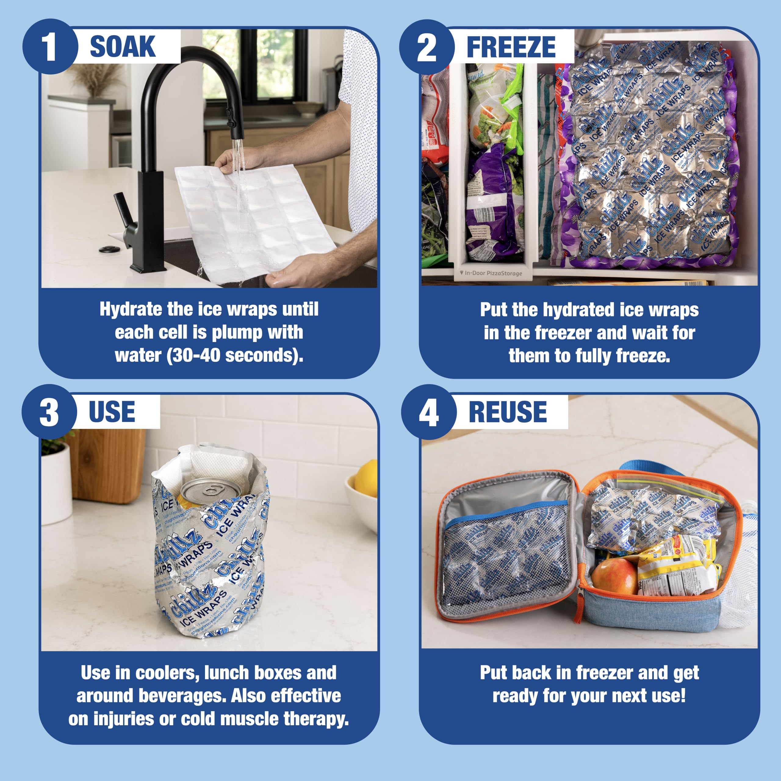 Chillz Lot de 20 feuilles de glace flexibles et réutilisables, durables pour glacières, kits de déjeuner et thérapie glacée (10-6, 5-12 et 5-24), violet floral,