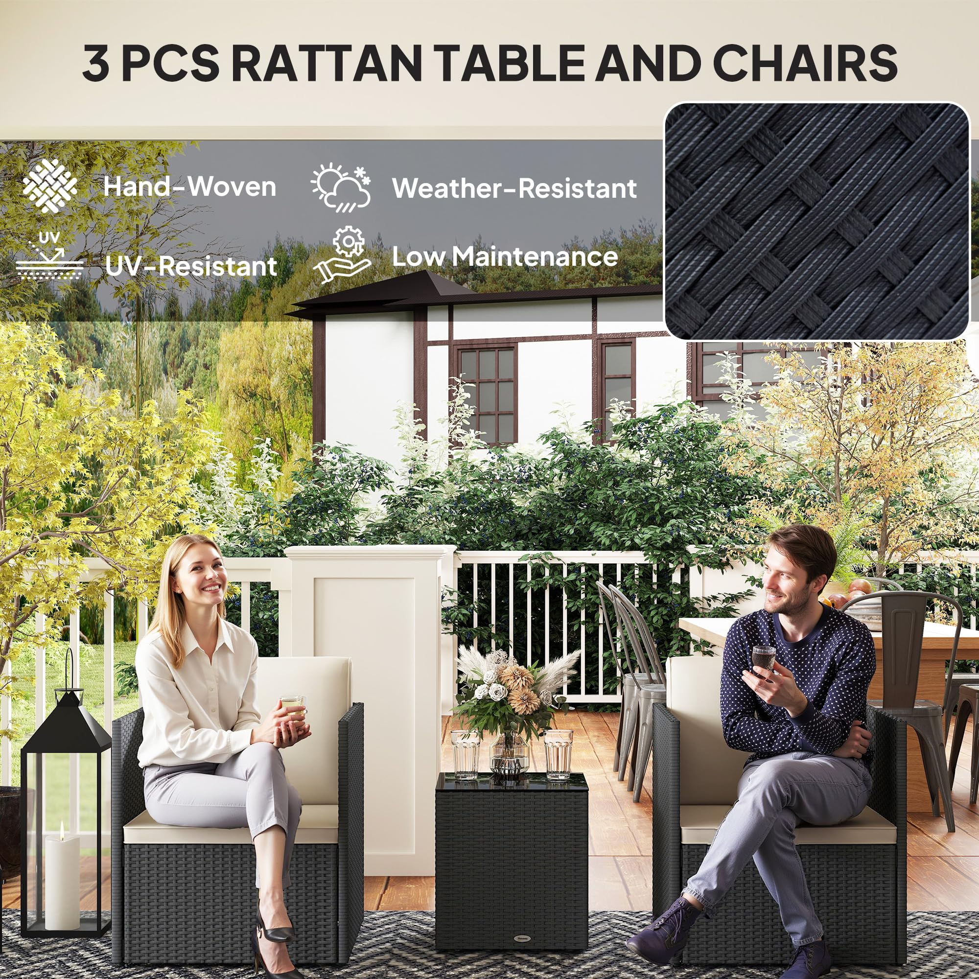 Juego de muebles de patio de 3 piezas, juego de bistró plegable de mimbre para exteriores con cojines lavables, patas ajustables y mesa de centro de cristal, fácil montaje para jardín, balcón 4