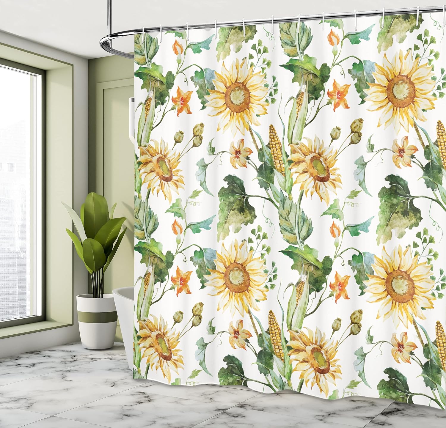 Ambesonne Sunflower Shower Curtain, Watercolor Flowers and Corns Pattern in Agriculture Rural Nature Plants Classic Fine Art Design, Cloth Fabric Bathroom Set with Hooks, 69" W x 70" L, Green Yellow