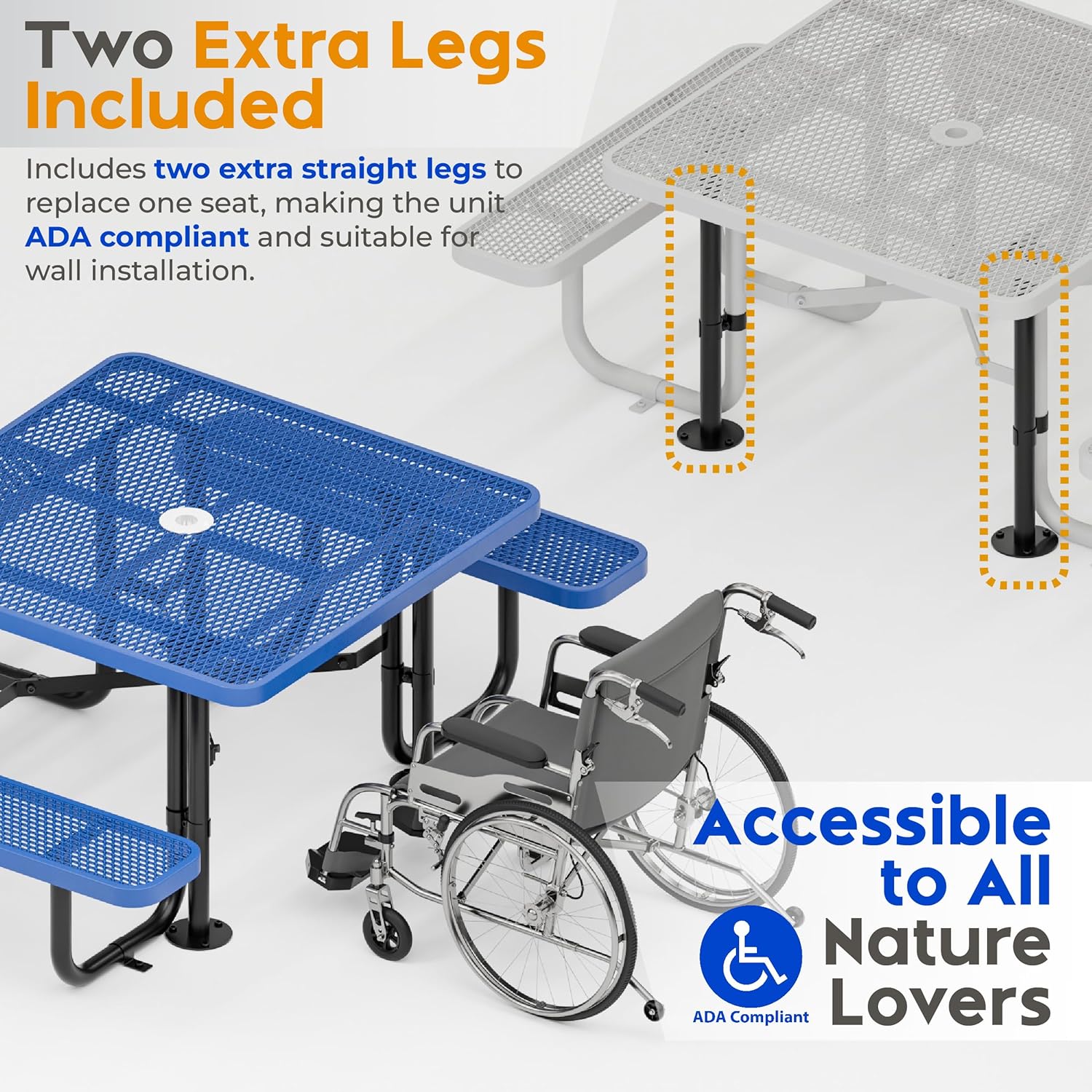 Metal Picnic Tables for Outdoors with Umbrella Hole - Coated Steel Heavy Duty Commercial Grade Furniture (Blue, 46 in, Square, Expanded Steel)