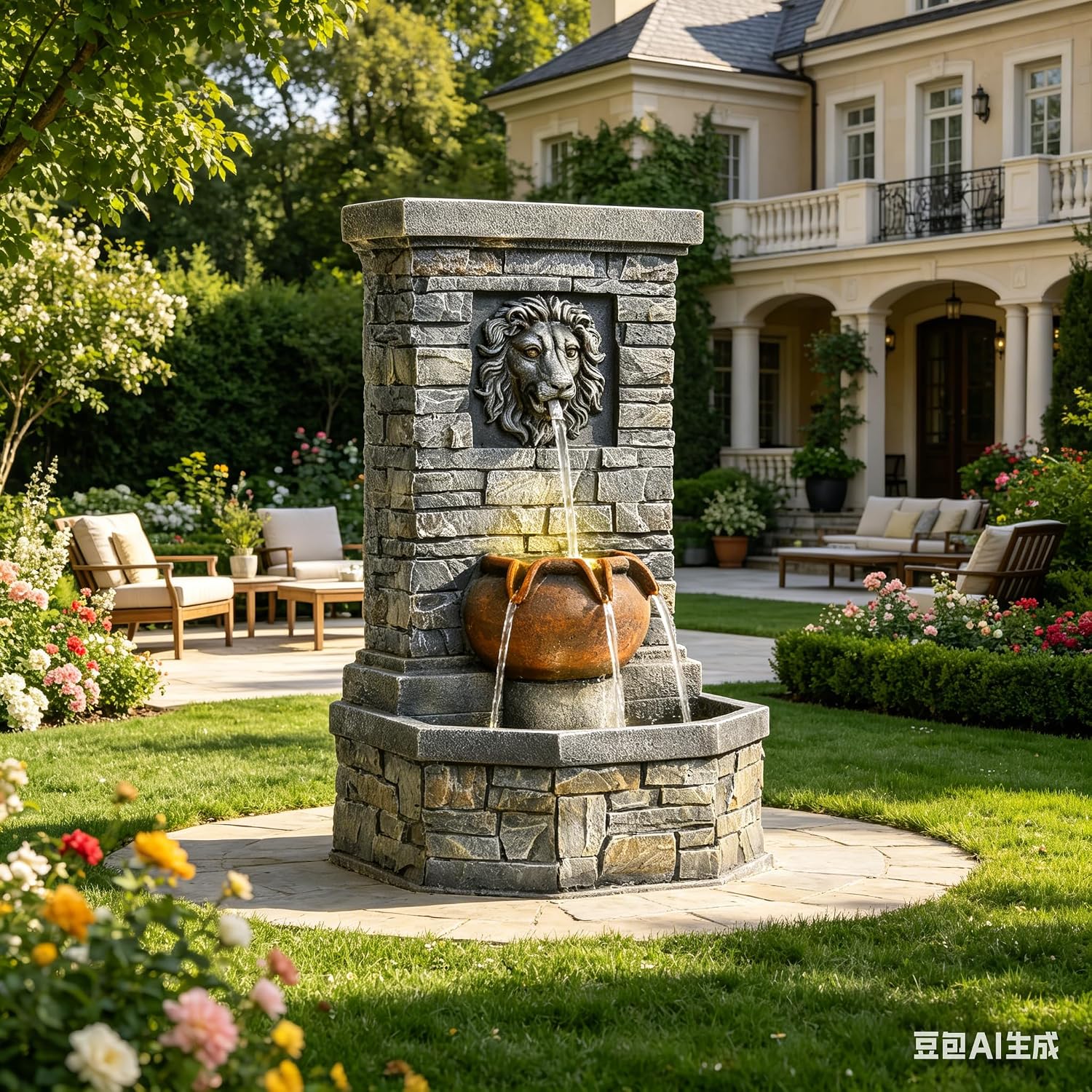 32'' Outdoor Water Fountain, Lion Head Floor-Standing Stone Waterfall Fountain with LED Lights, Garden Decor Water Feature for Patio, Backyard, Deck, Porch, Home Art Decor
