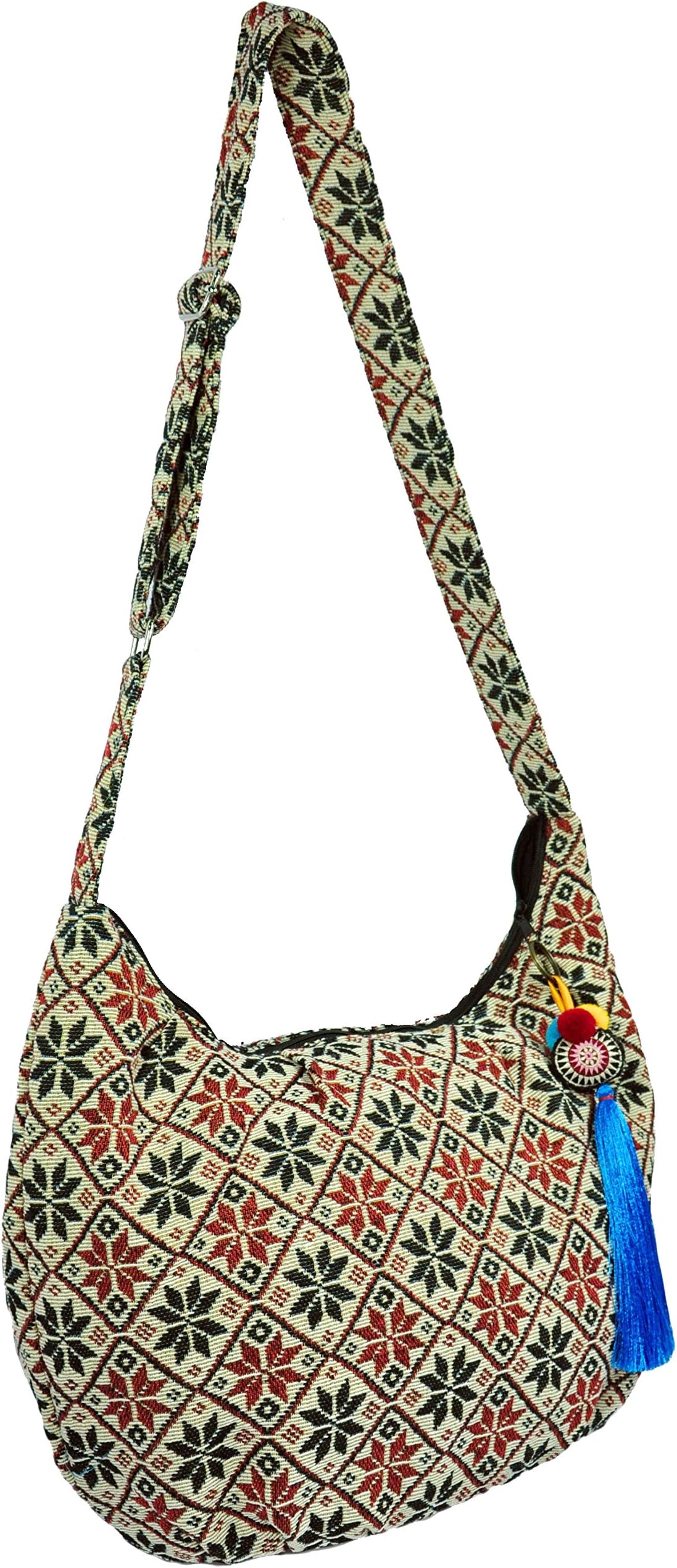 Lanna Native with Adjustable Sling and Key Chain Asian Thai Style Hippie Boho Hobo Handmade Cotton Woven Fabric Sling Shoulder Tote Cross Body Bag From Chiangmai Thailand
