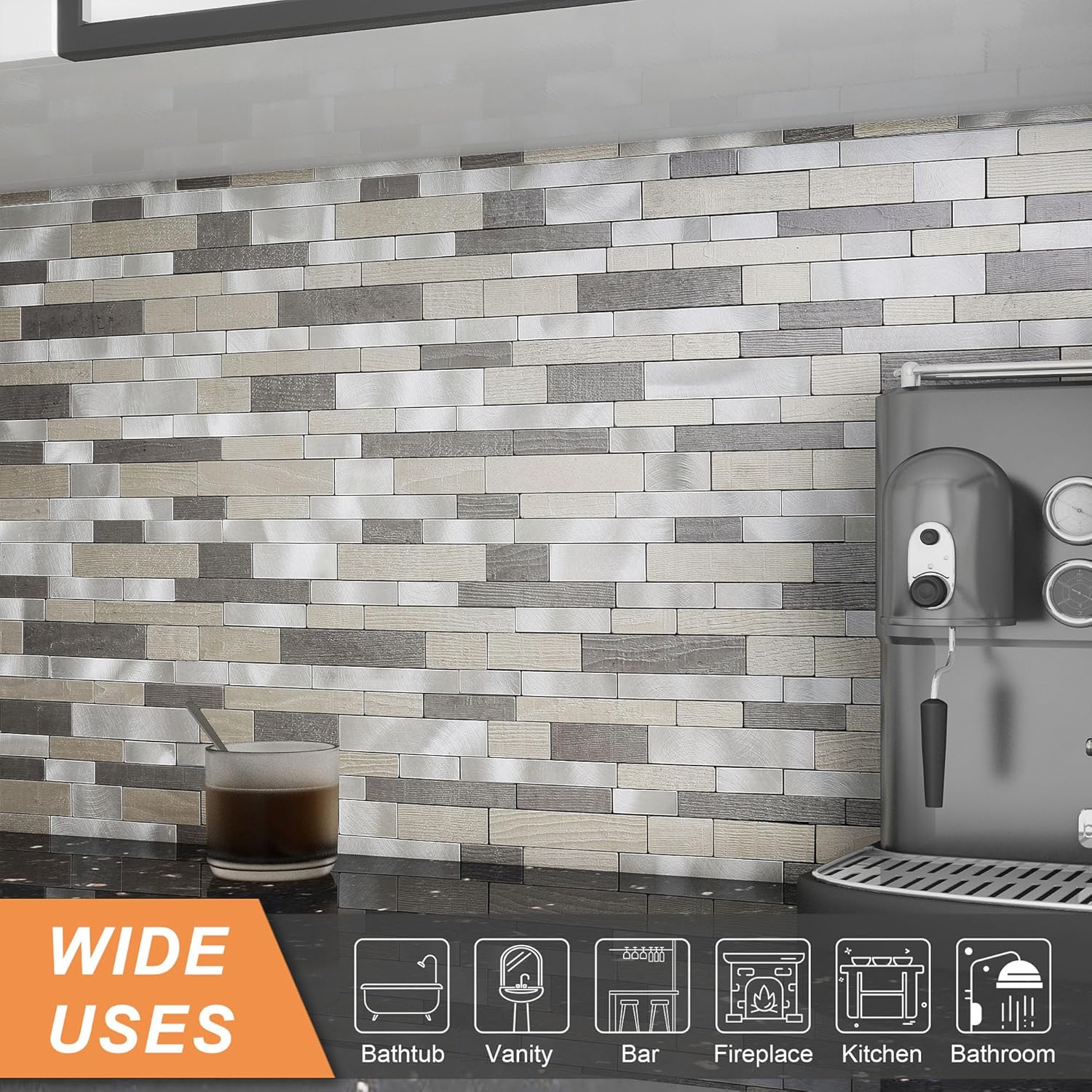 VAOVI Linear Mosaic Backsplash Peel and Stick Tile for Stove,Subway Tile Metal Backsplash for Kitchen Wall Heat Resistant Stickers(Mix Black 10pcs)